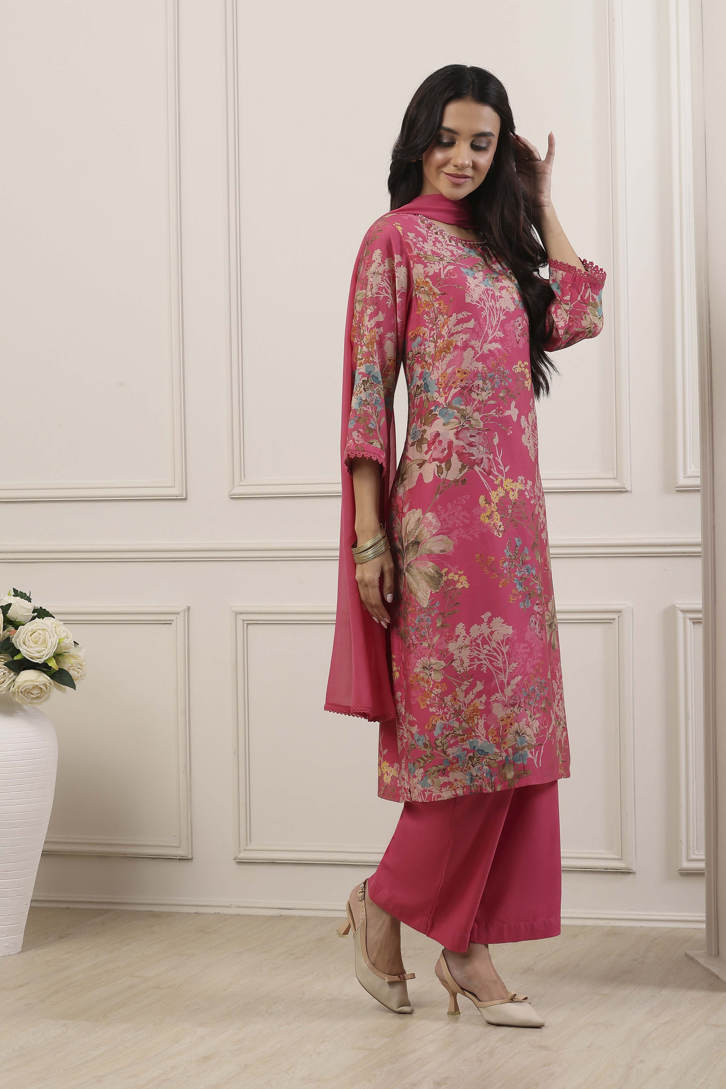 Pink Cotton Blend Straight Suit Set image number 5