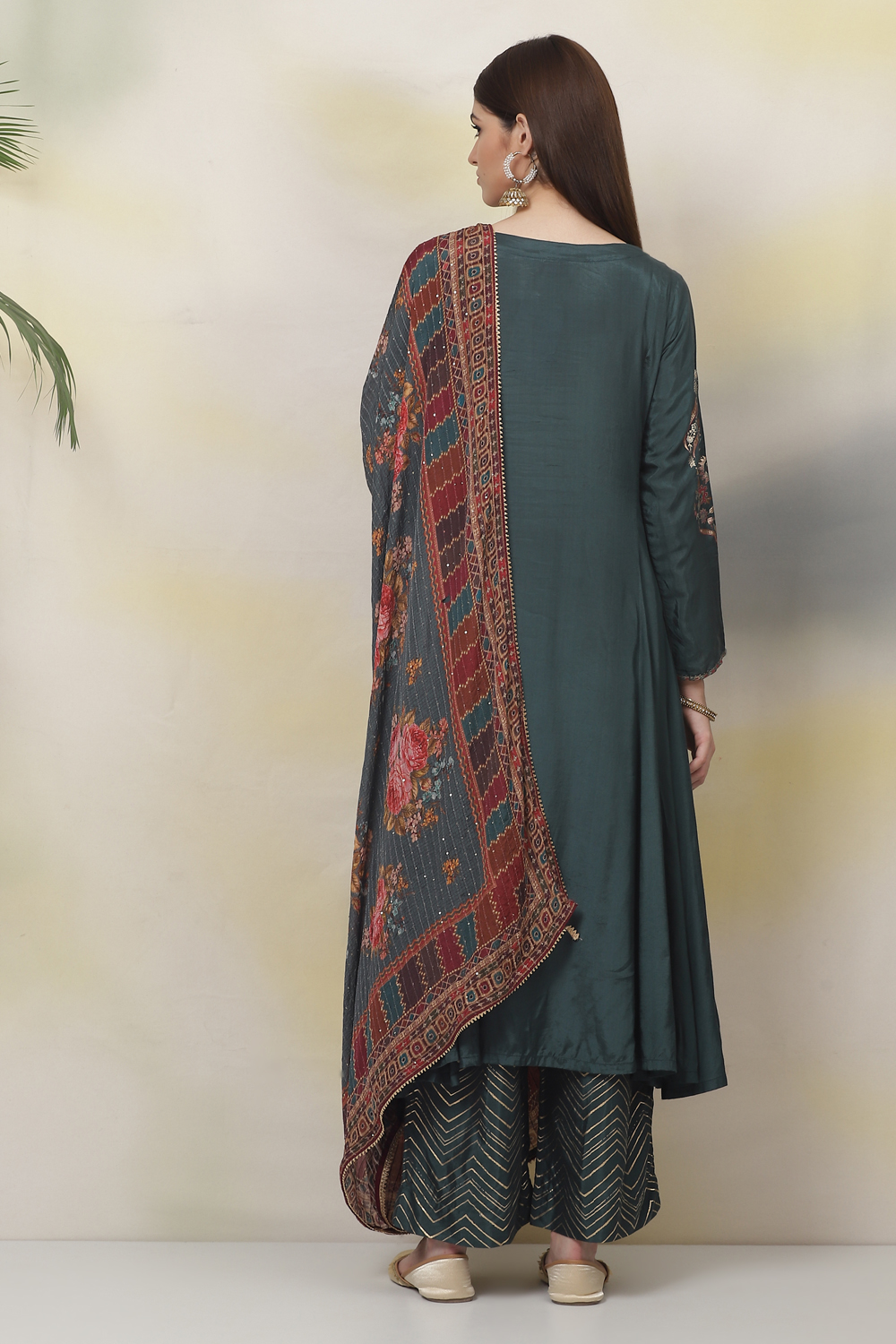 Tea Green Art Silk Kalidar Kurta Palazzo Suit Set image number 7