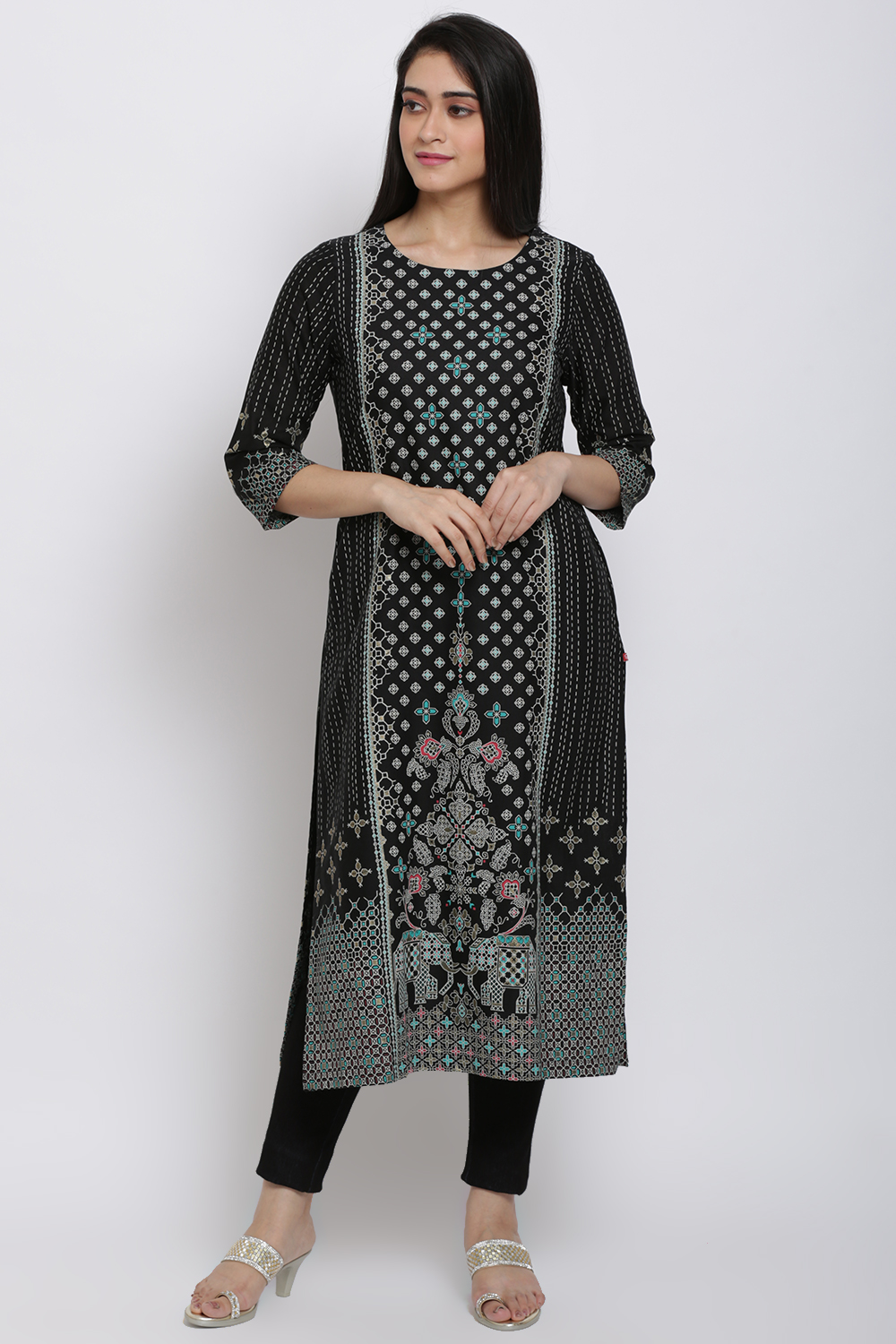 Black Cotton Flax Starlight Printed Kurta image number 0