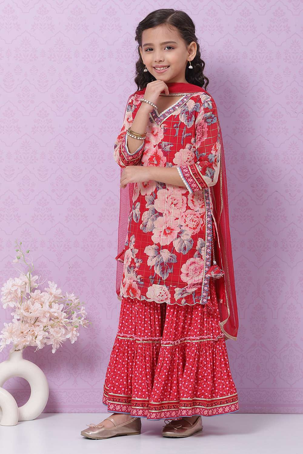 Berry Red Art Silk Straight Kurta Sharara Suit Set image number 3