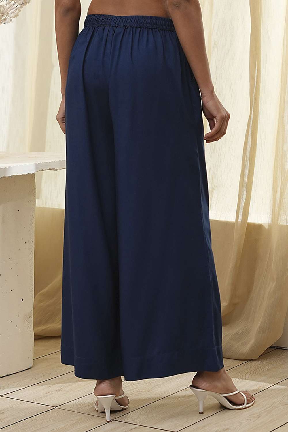 Navy Blue Viscose Solid Straight Palazzos image number 5