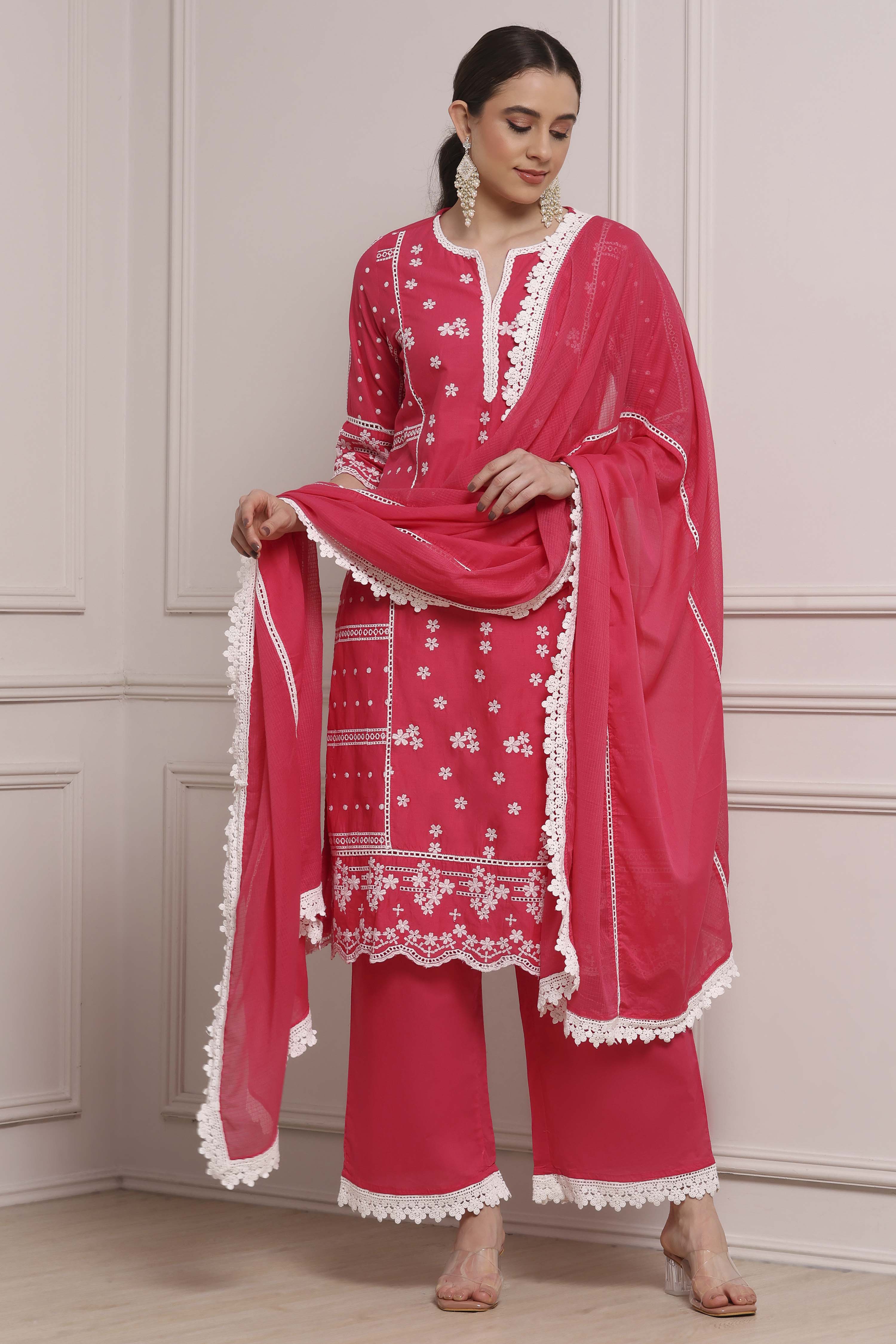 Fuchsia Cotton Embroidered Straight Suit Set image number 0
