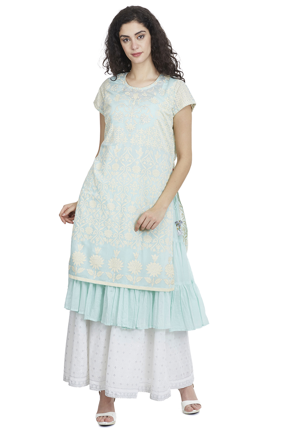 Aqua Blue Flared Art Silk Printed Kurta image number 0