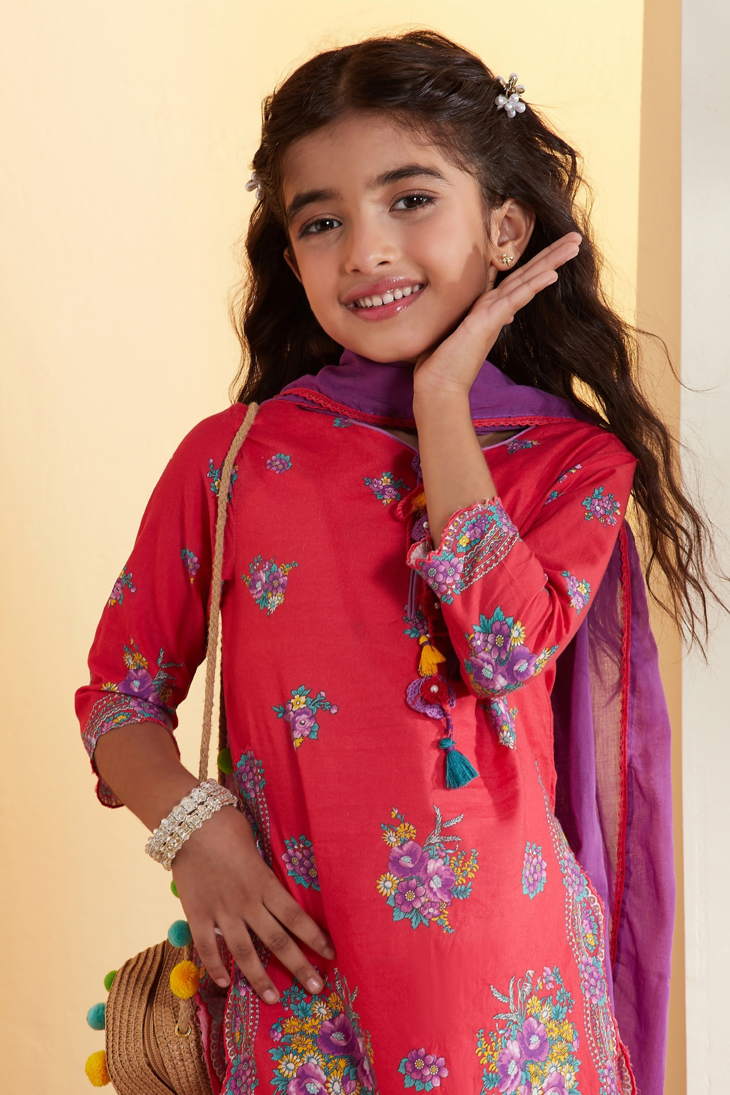 Red Cotton Floral Printed Straight Kurta Set image number 1