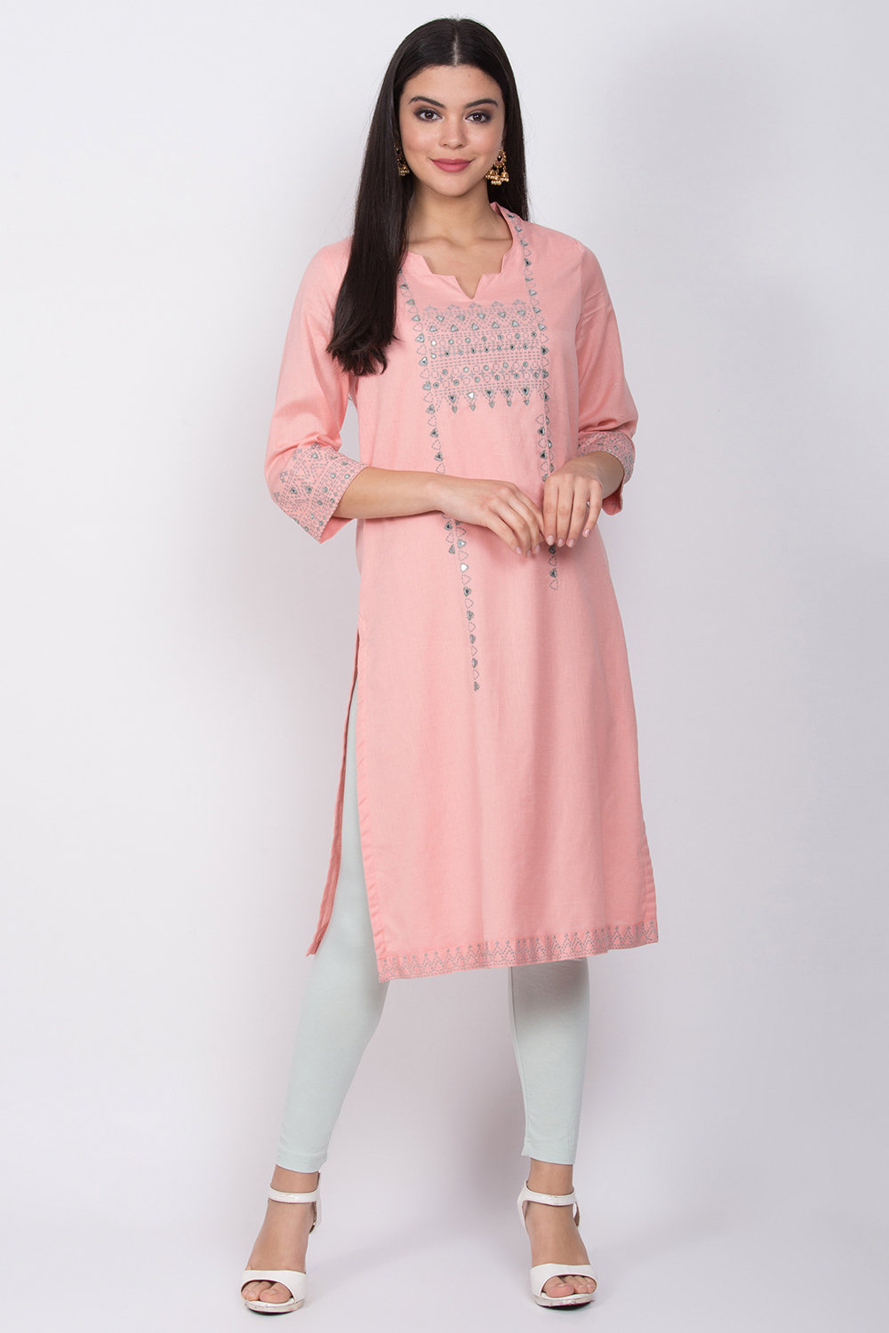 Peach Cotton Flax Straight Printed Kurta image number 0