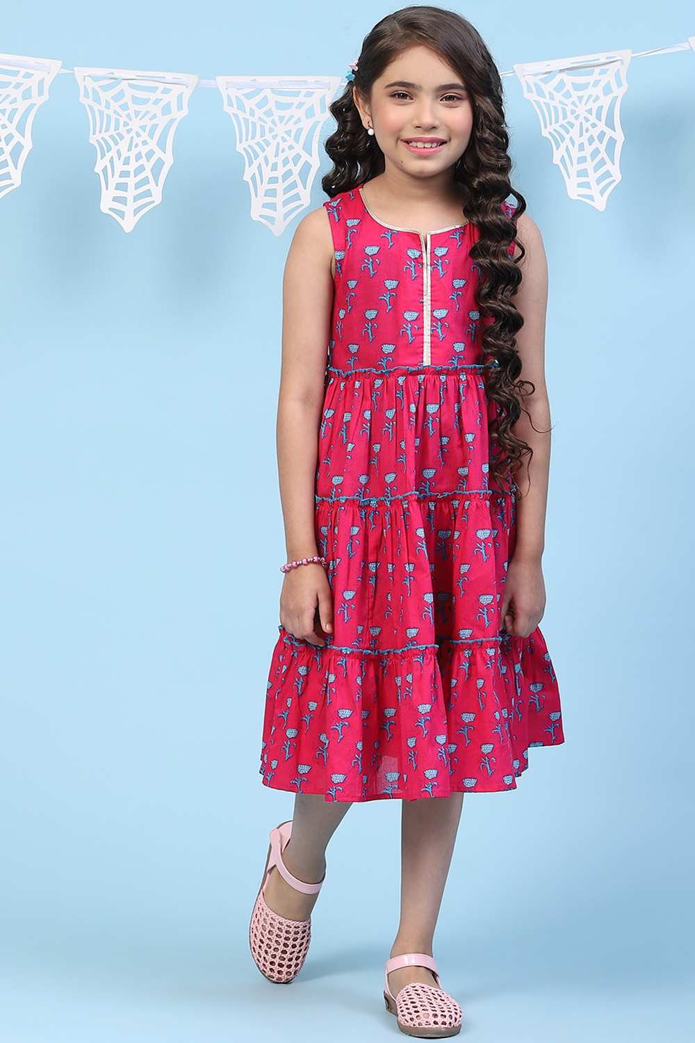 Pink Cotton Tiered Printed Kurta image number 0