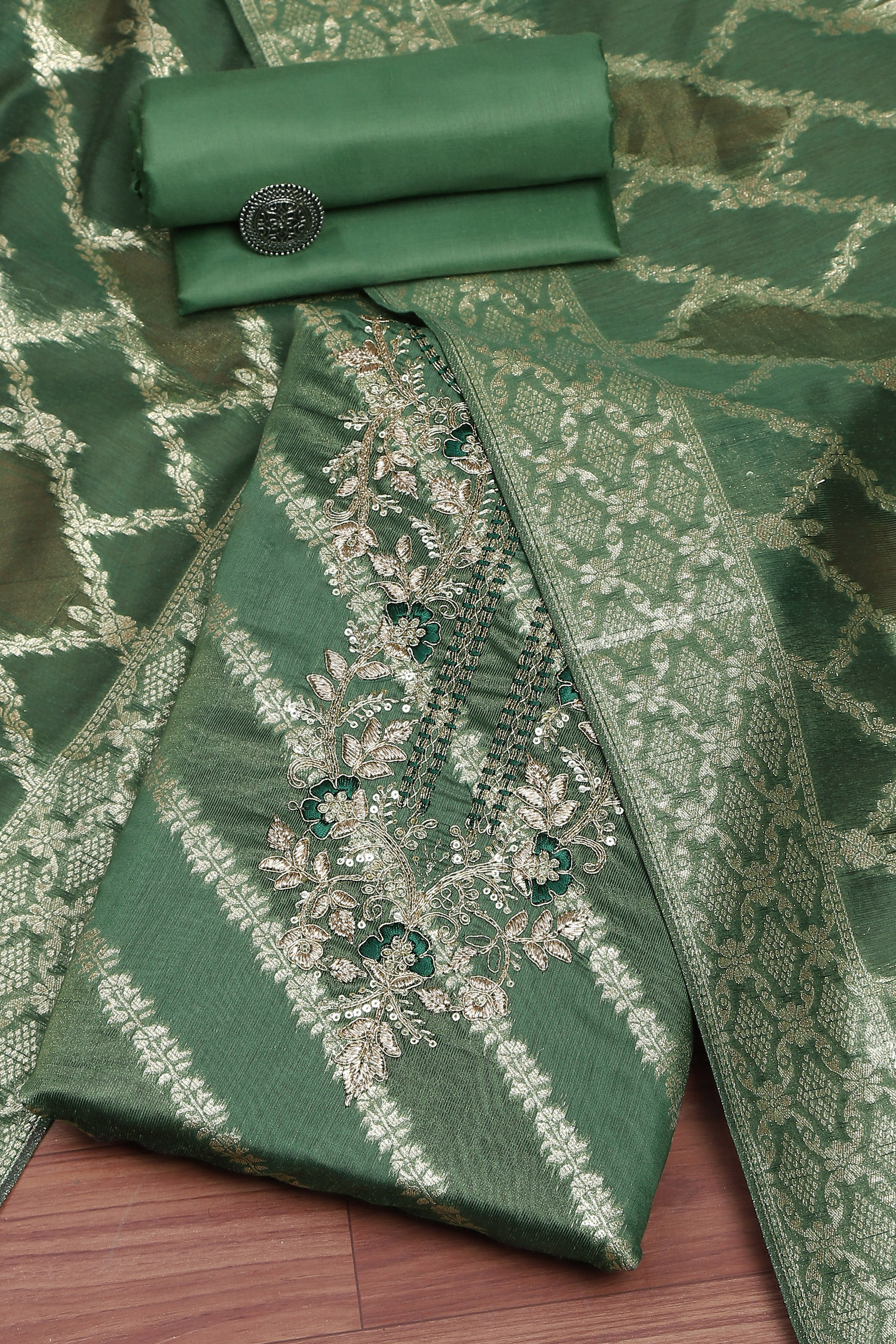 Botle Green Tissue Chanderi Embroidered Unstitched Suit Set image number 0