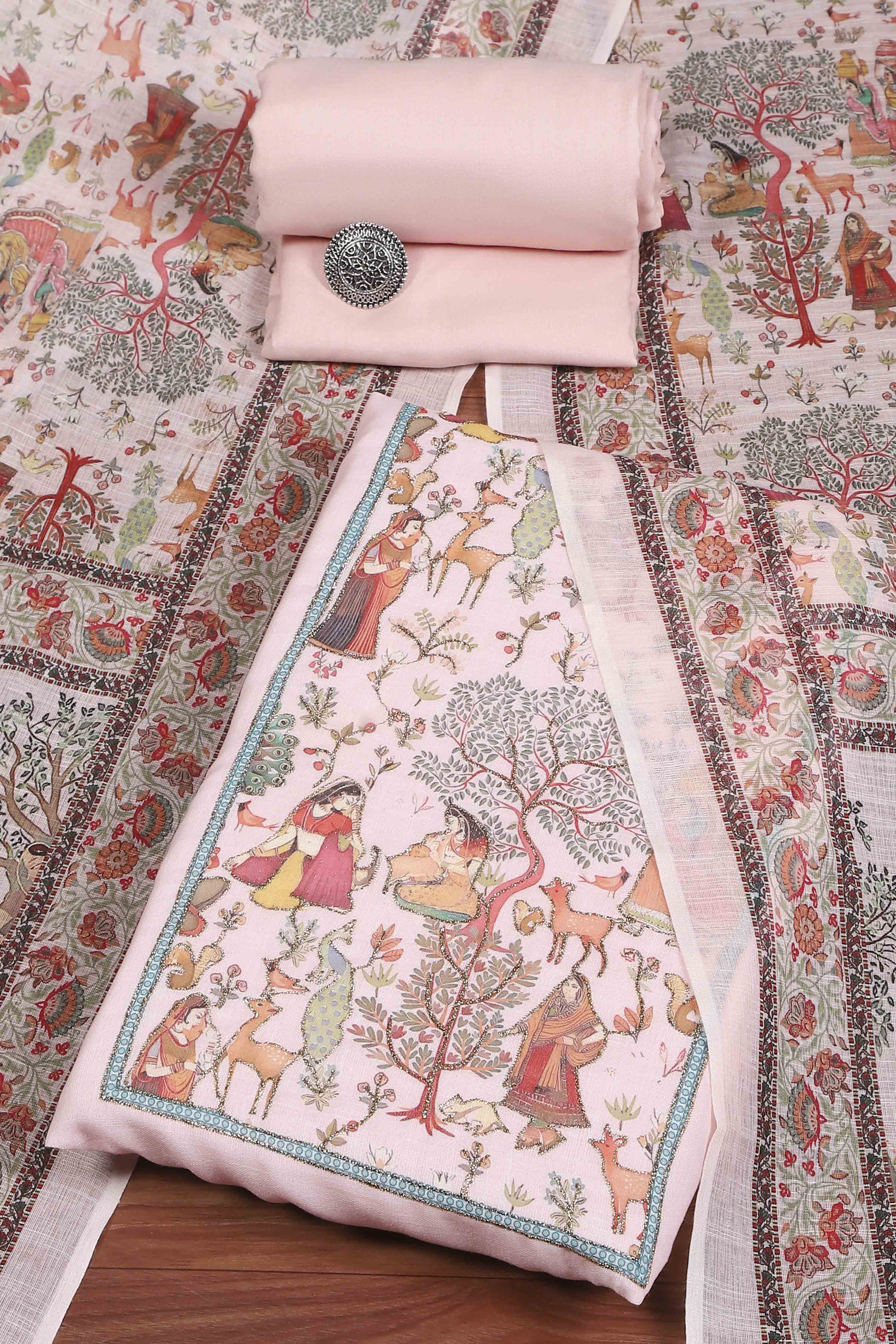 Pink Cotton Printed Embroidered Unstitched Suit Set image number 0