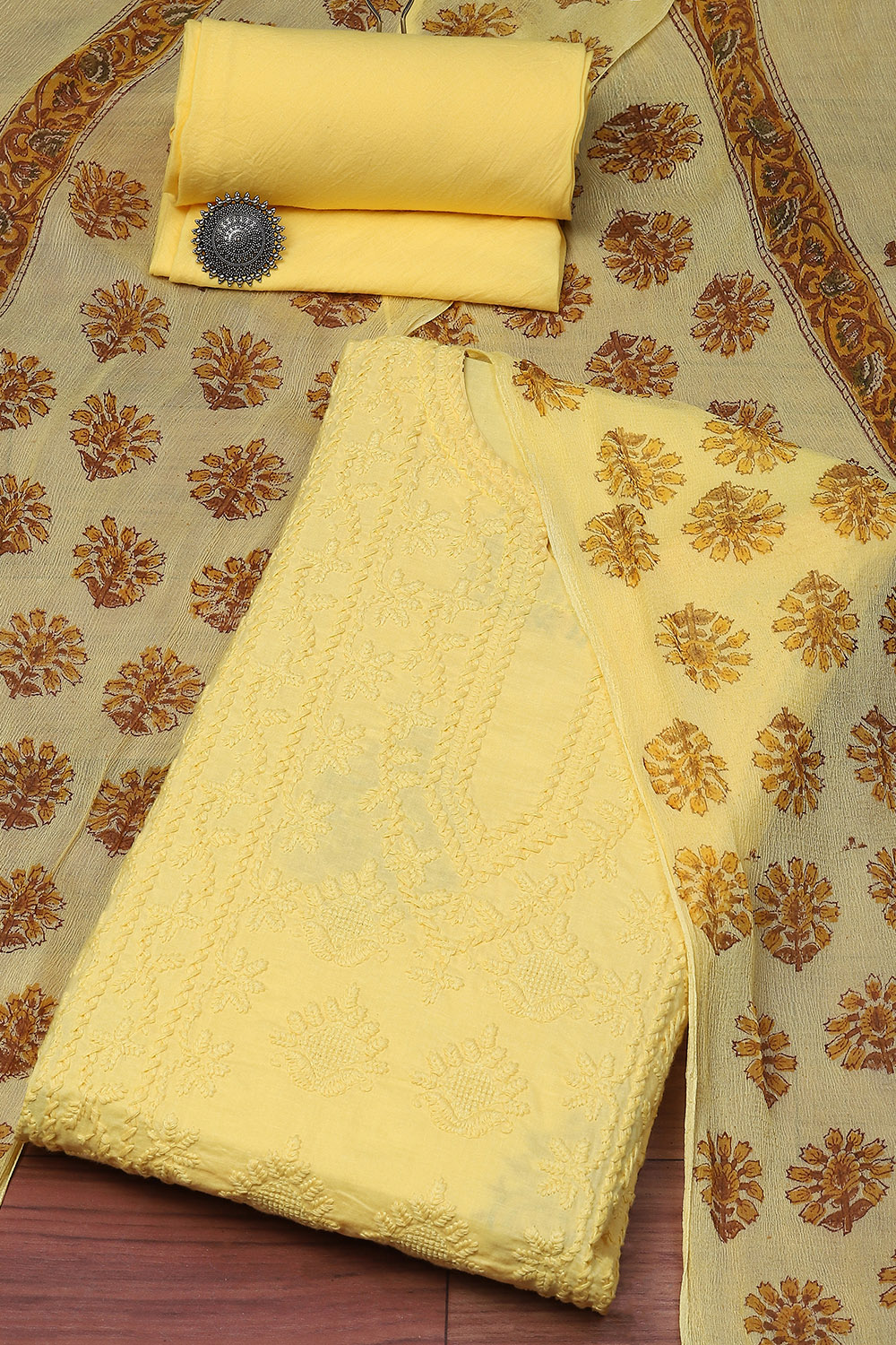 Yellow - Bagh Print Cotton Unstitched Kurta Material with Patchwork (3m) 08
