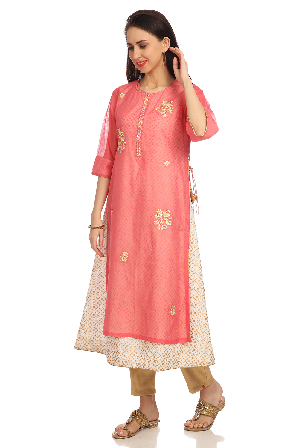 Coral A-Line Art Silk Yarndyed Kurta image number 2