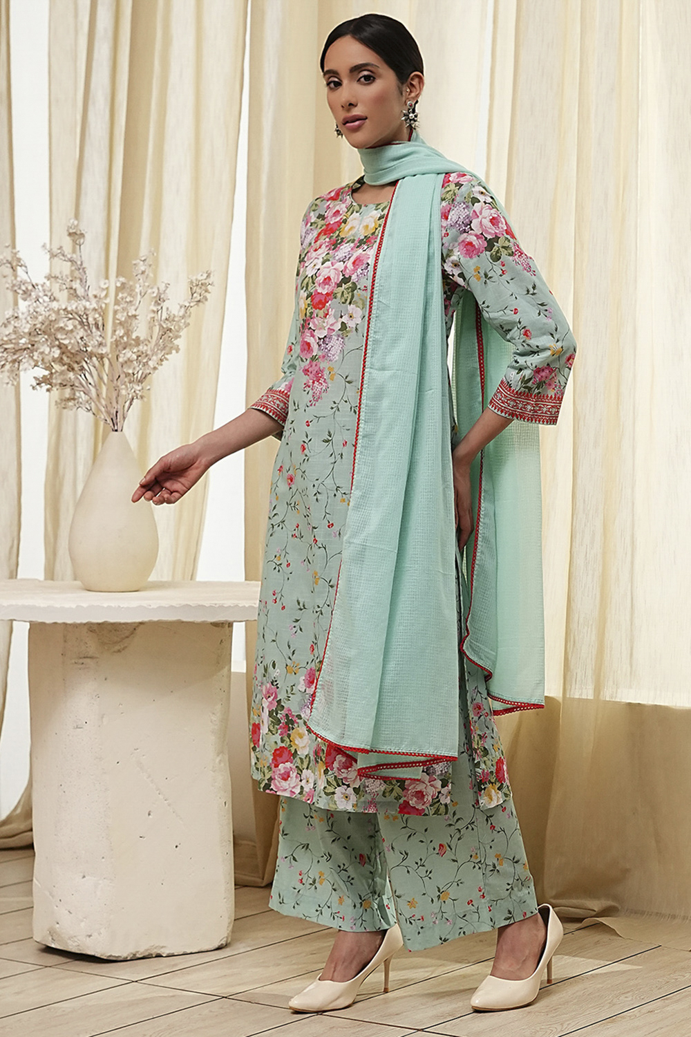 Turquoise Cotton Floral Printed Straight Suit Set image number 3
