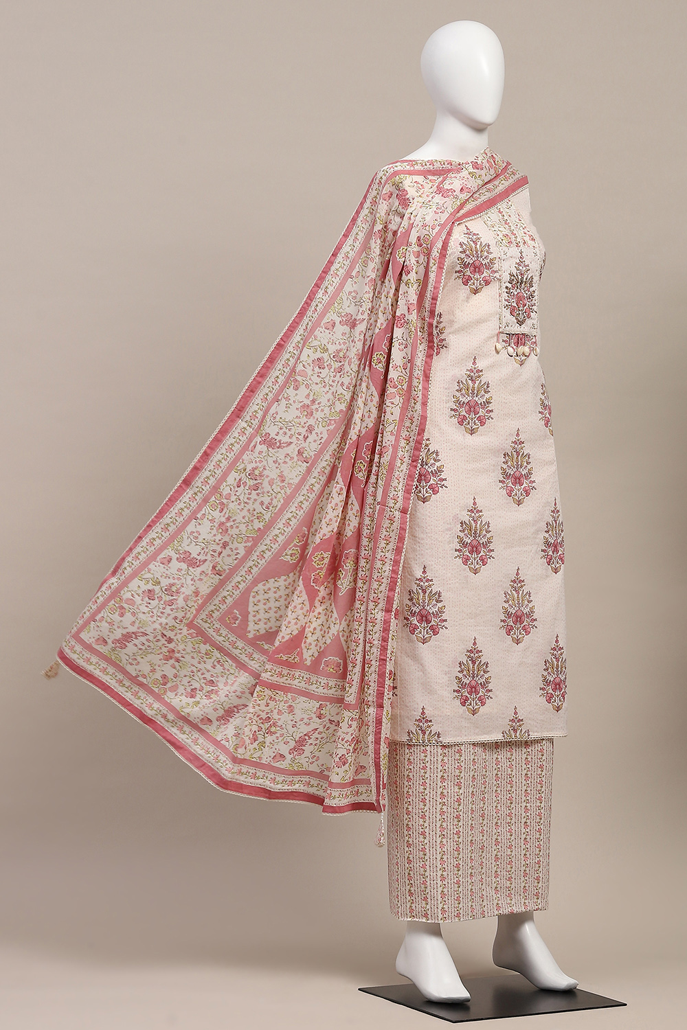 Yellow Cotton Hand Block Print Unstitched Suit Set image number 4