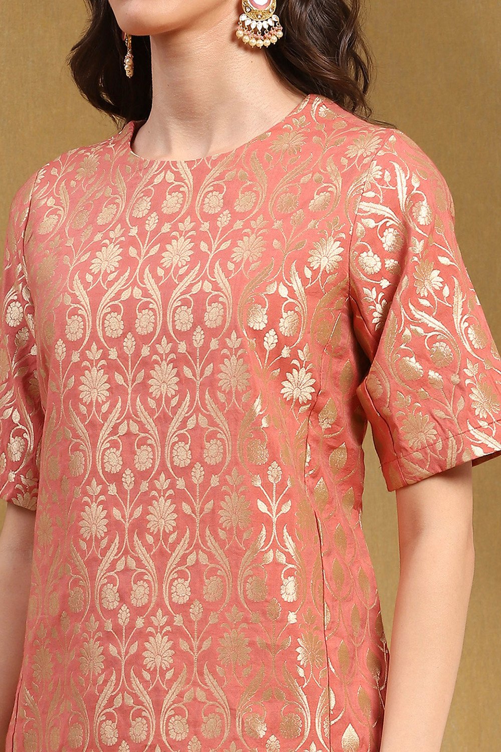 Peach-Toned Jacquard Floral Yarn-Dyed Straight Kurta Set image number 1