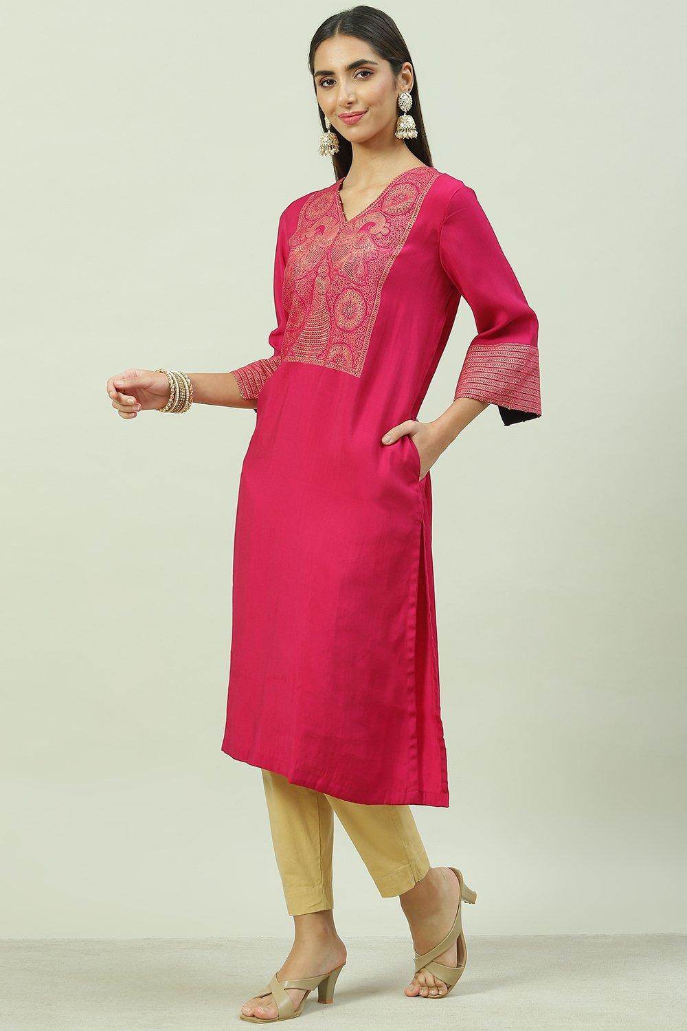 Fuschia Poly Viscose A-Line Printed Kurta image number 2