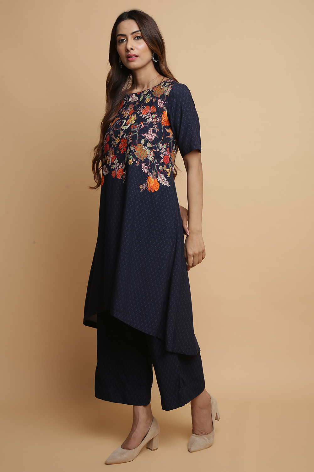 Navy Rayon Asymmetric Kurta Pants Set image number 5