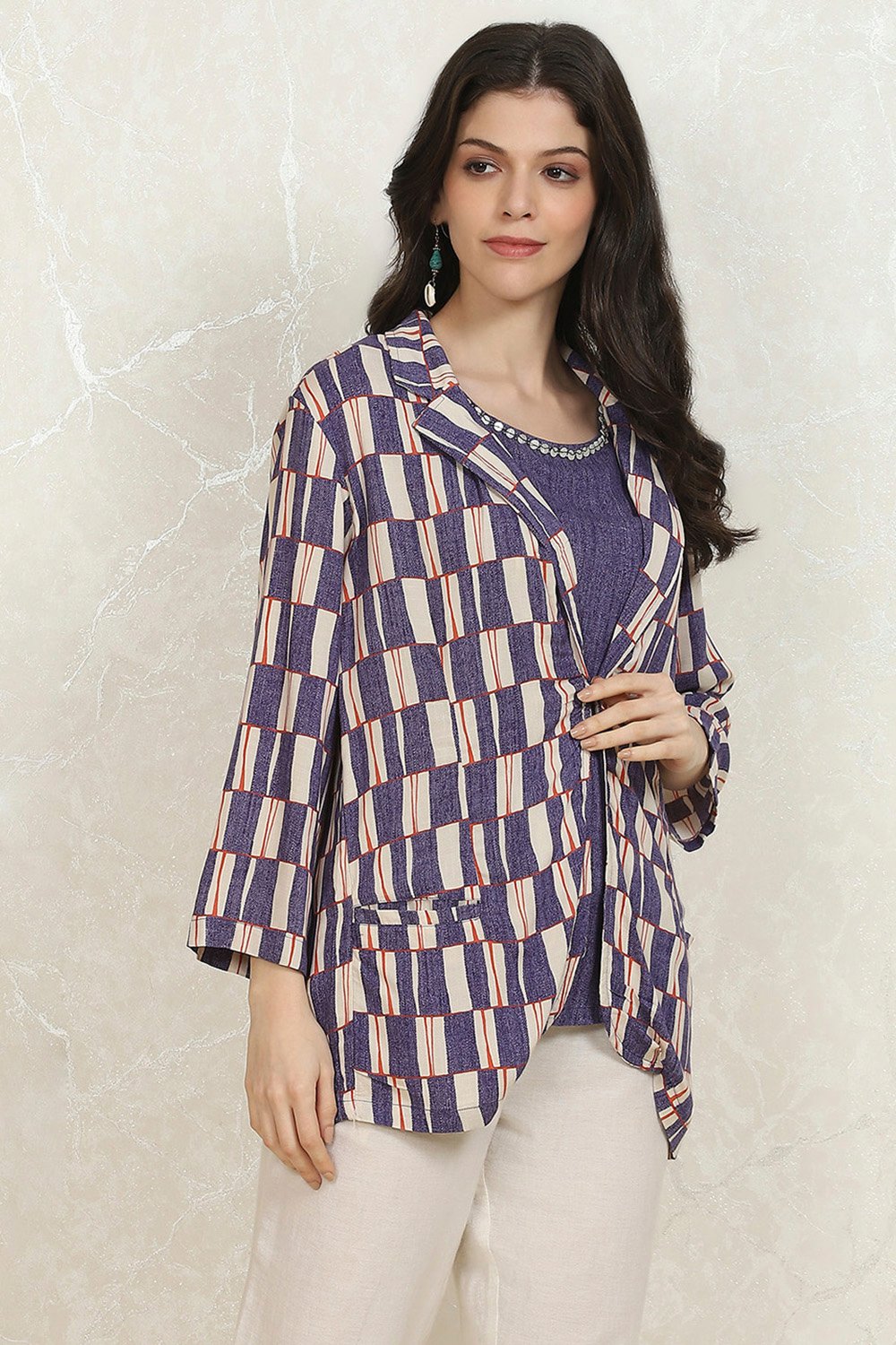 Blue Printed Straight Jacket image number 4