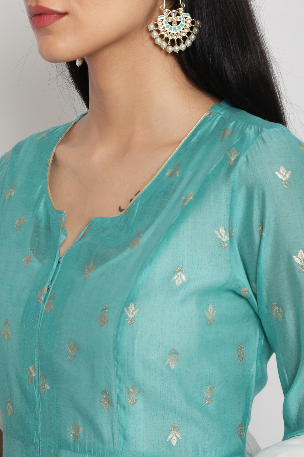 Turquoise Art Silk A-Line Kurta Churidar Suit Set image number 1