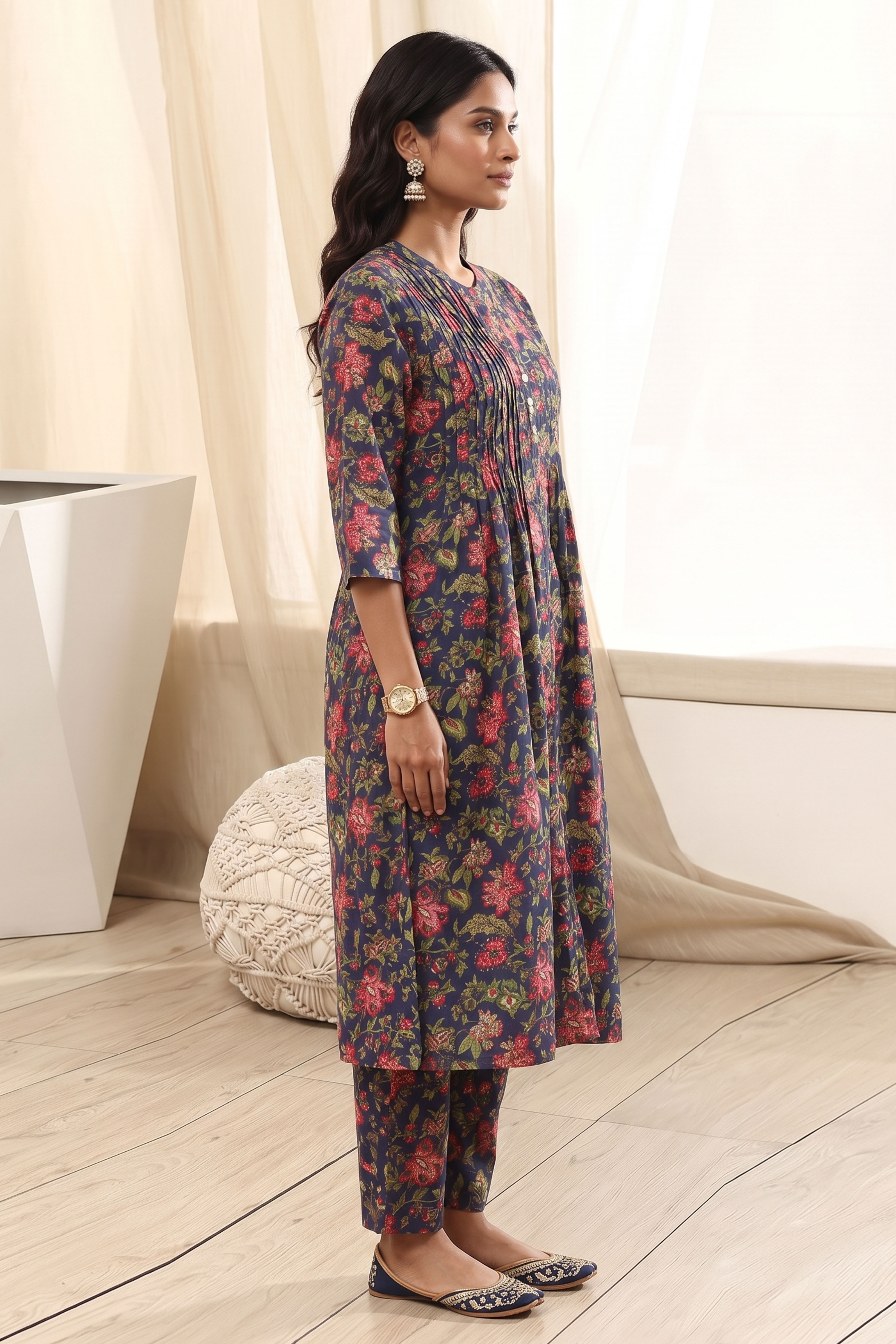 Navy Cotton Straight Kurta image number 4