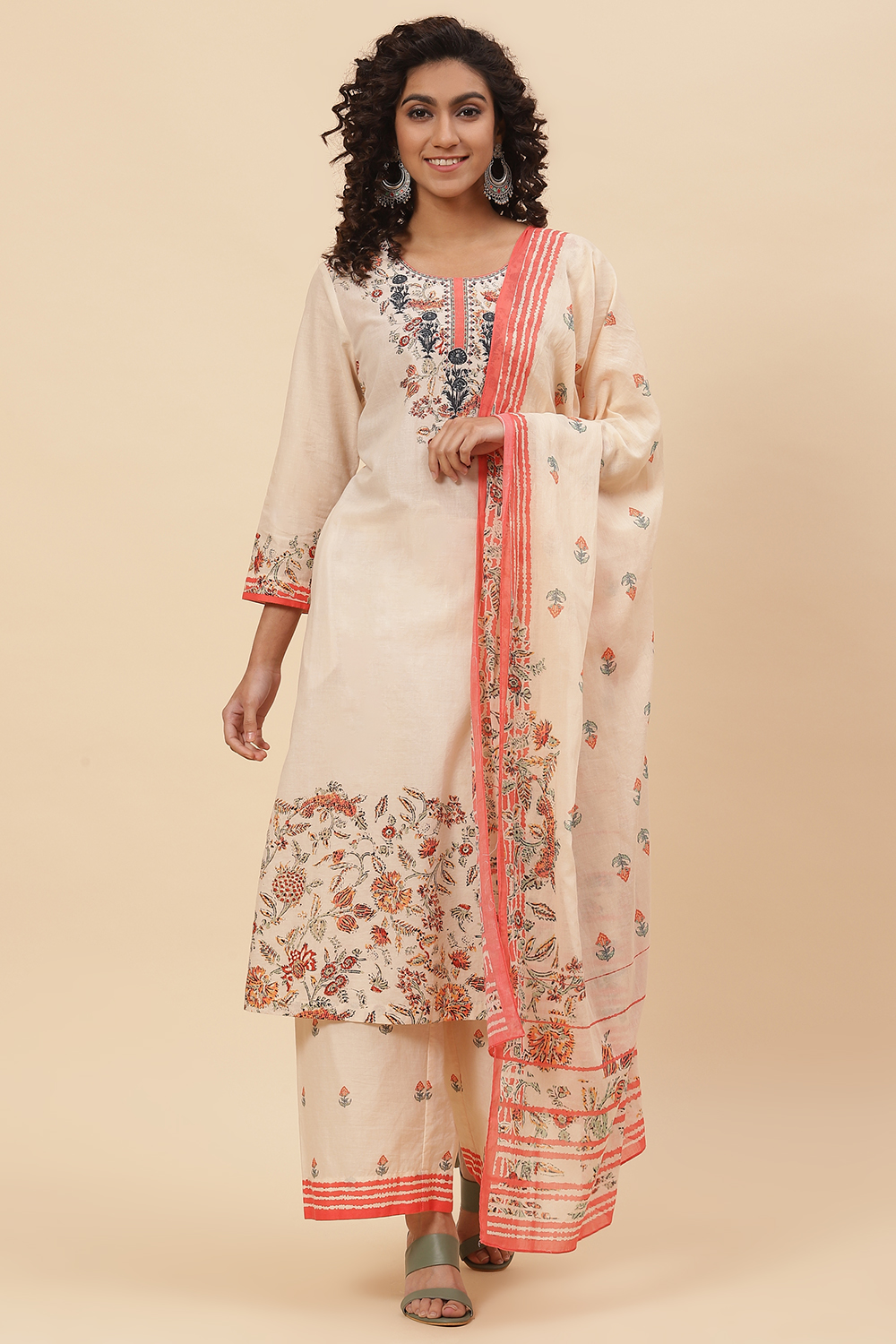 Peach Cotton Straight Kurta Palazzo Suit Set image number 0