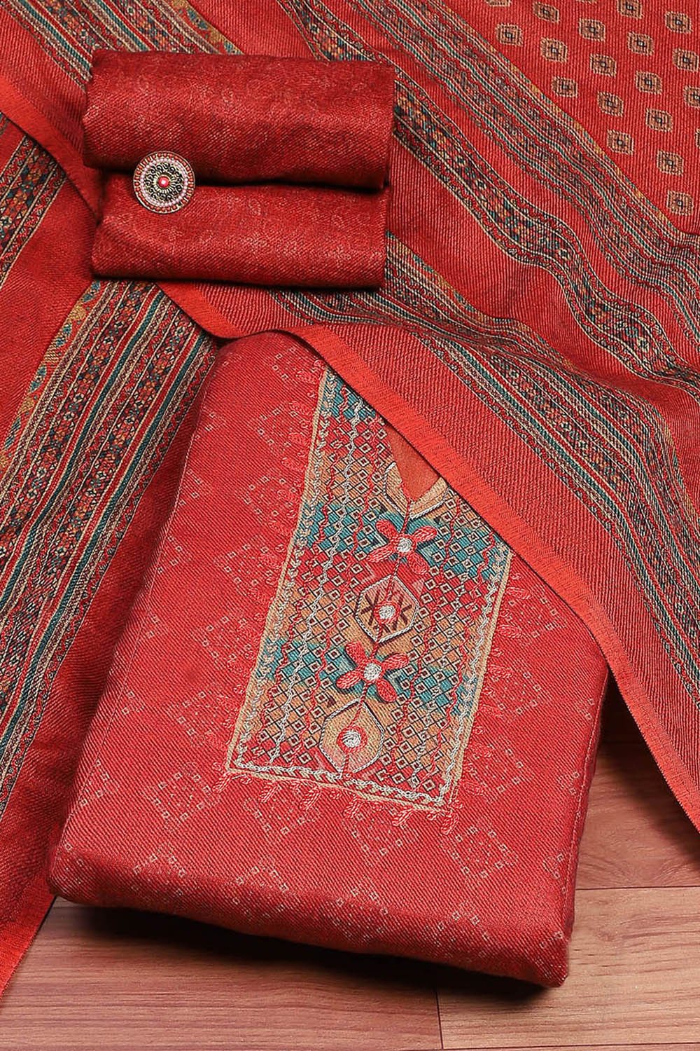 Orange Pashmina Machine Embroidery Unstitched Suit Set image number 0