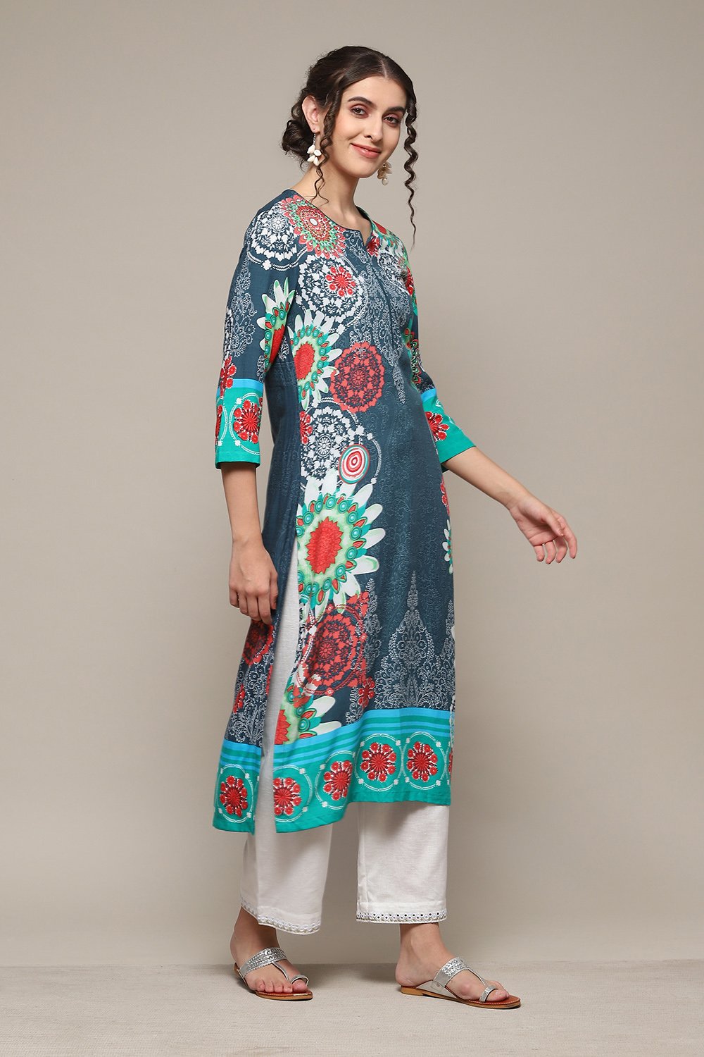 Chalky Teal LIVA Straight Printed Kurta image number 3