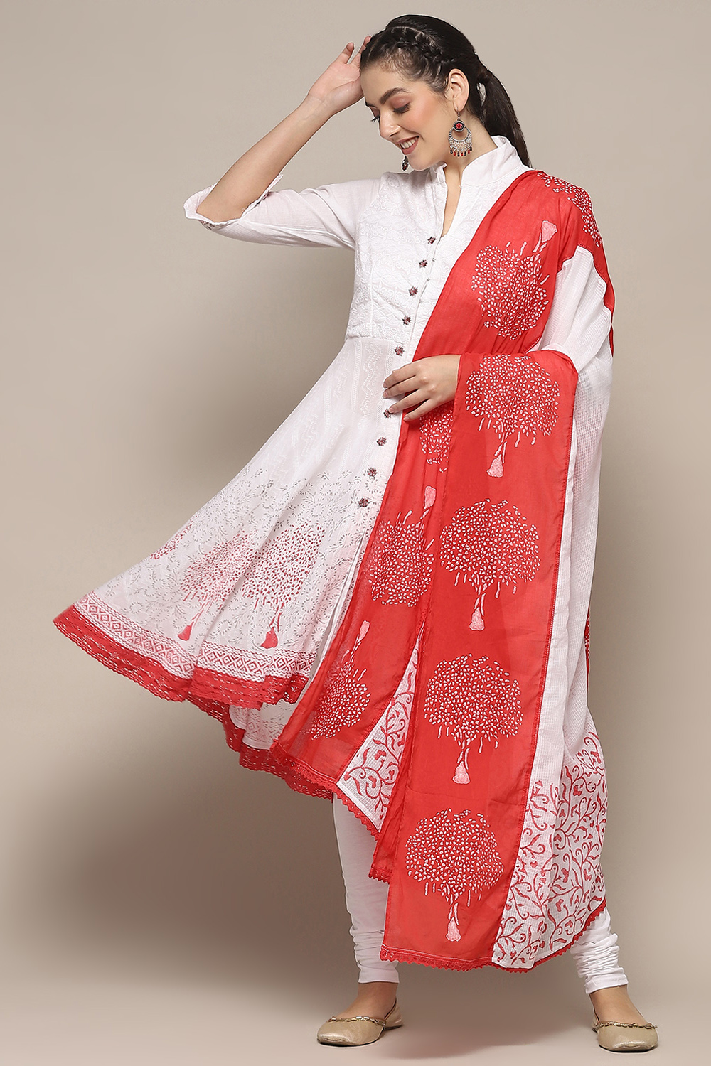 White-Red Cotton Asymmetric Suit Set With Dupatta image number 0
