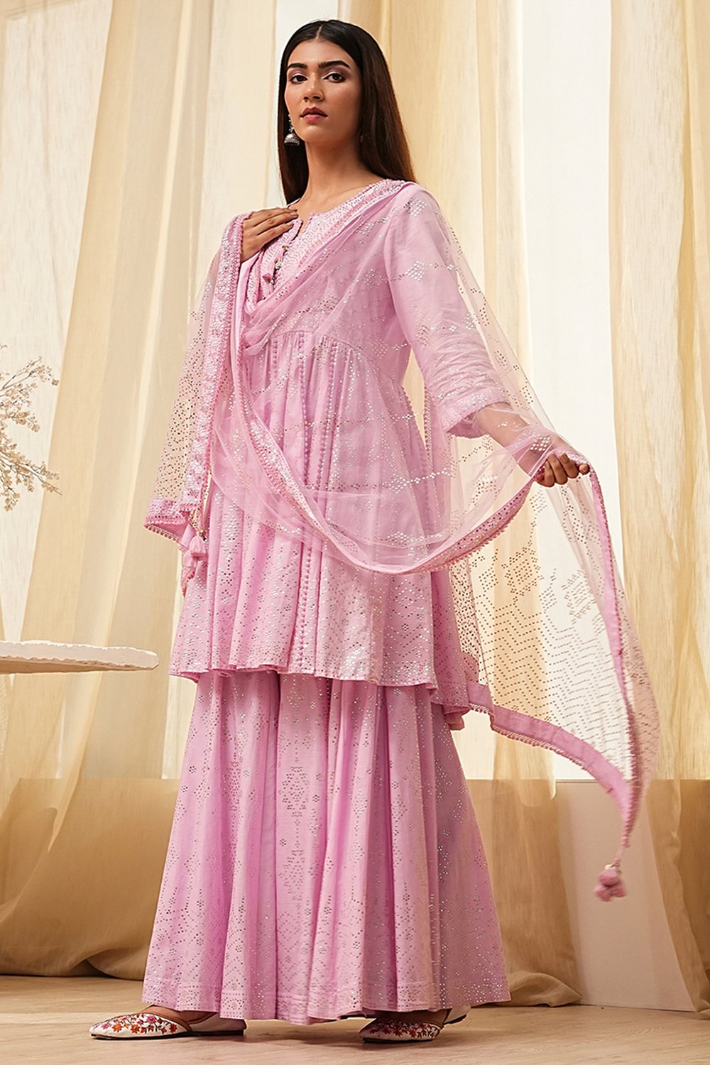 Off-White Cotton Metallic Flared Suit Set image number 0