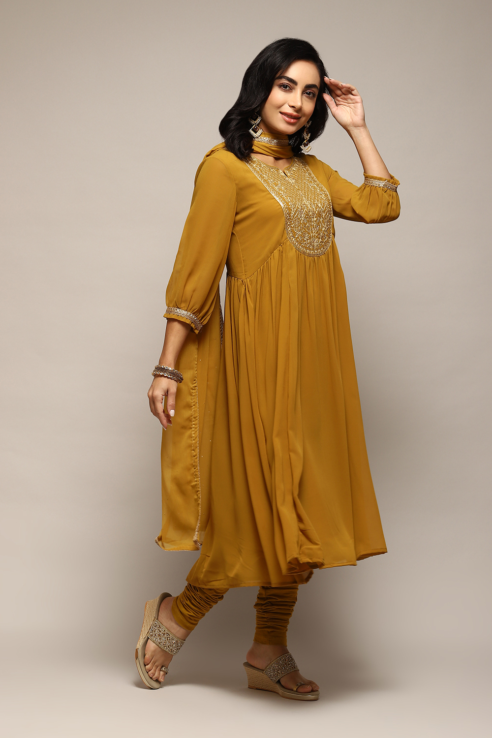 Lime Yellow Polyester Gathered Kurta Churidar Suit Set image number 6