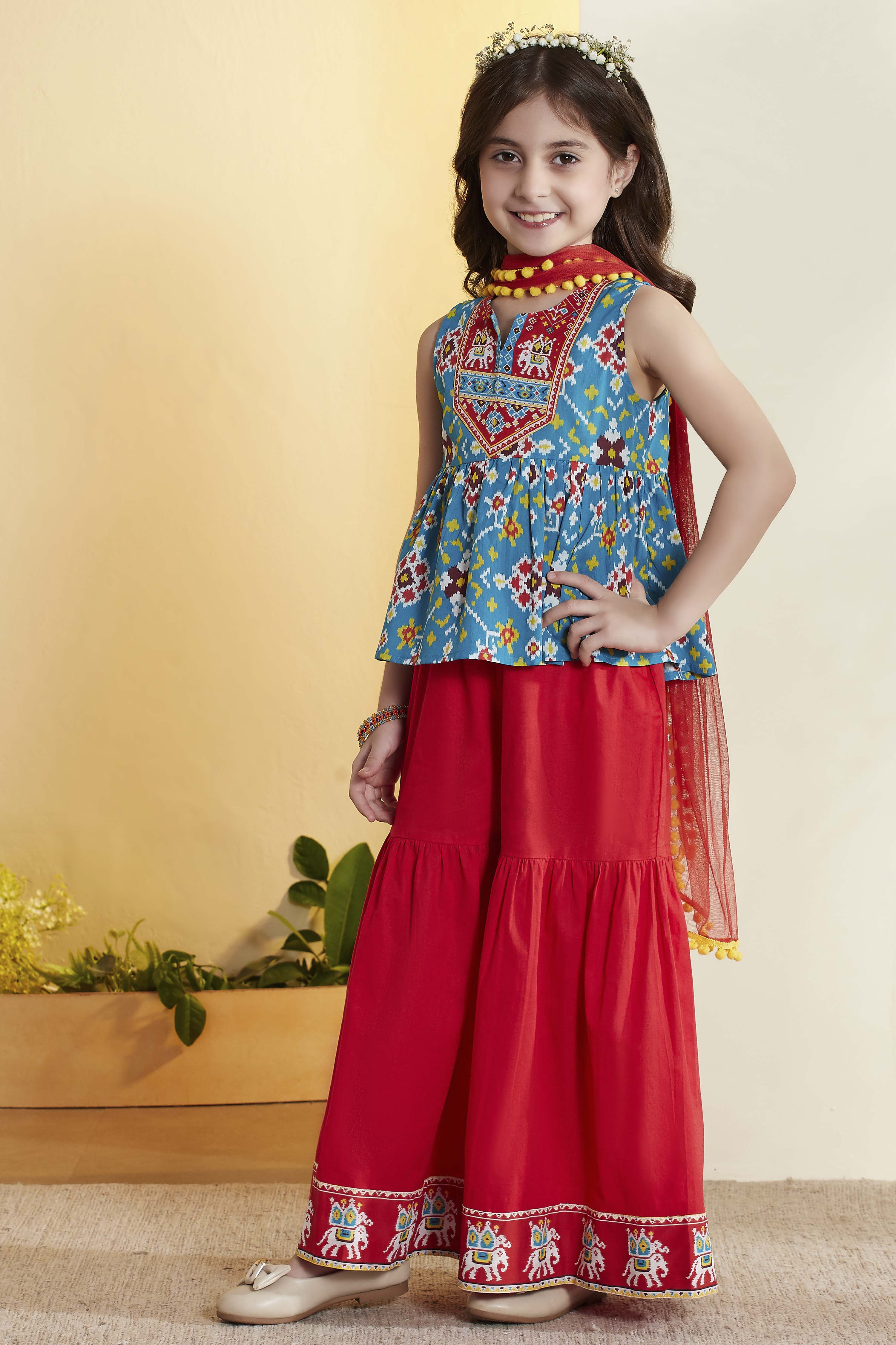 Turquoise & Red Printed Cotton Garara Set image number 3