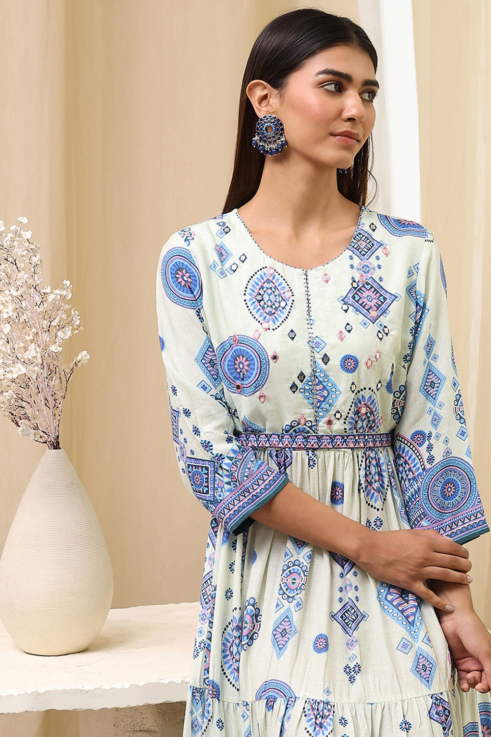 Ecru Viscose Rayon Tiered Printed Dress image number 6