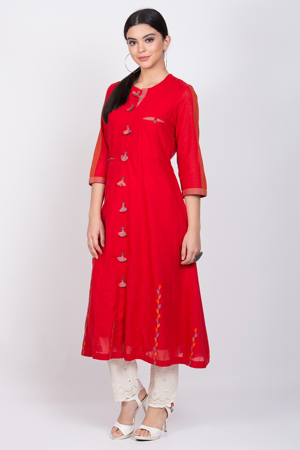 Red Cotton A-Line Yarndyed Kurta image number 2