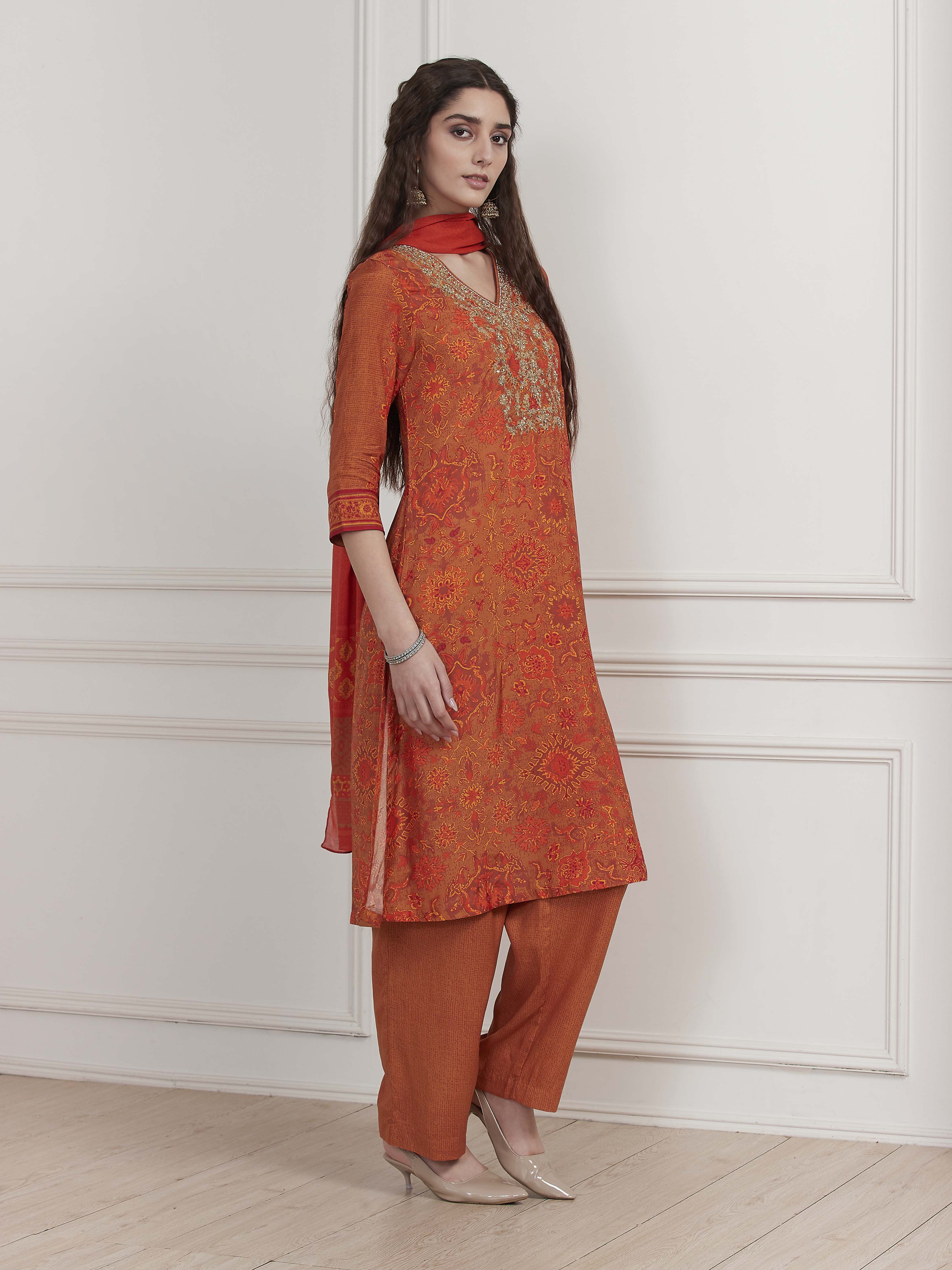 Orange Modal Printed Straight Suit Set image number 5