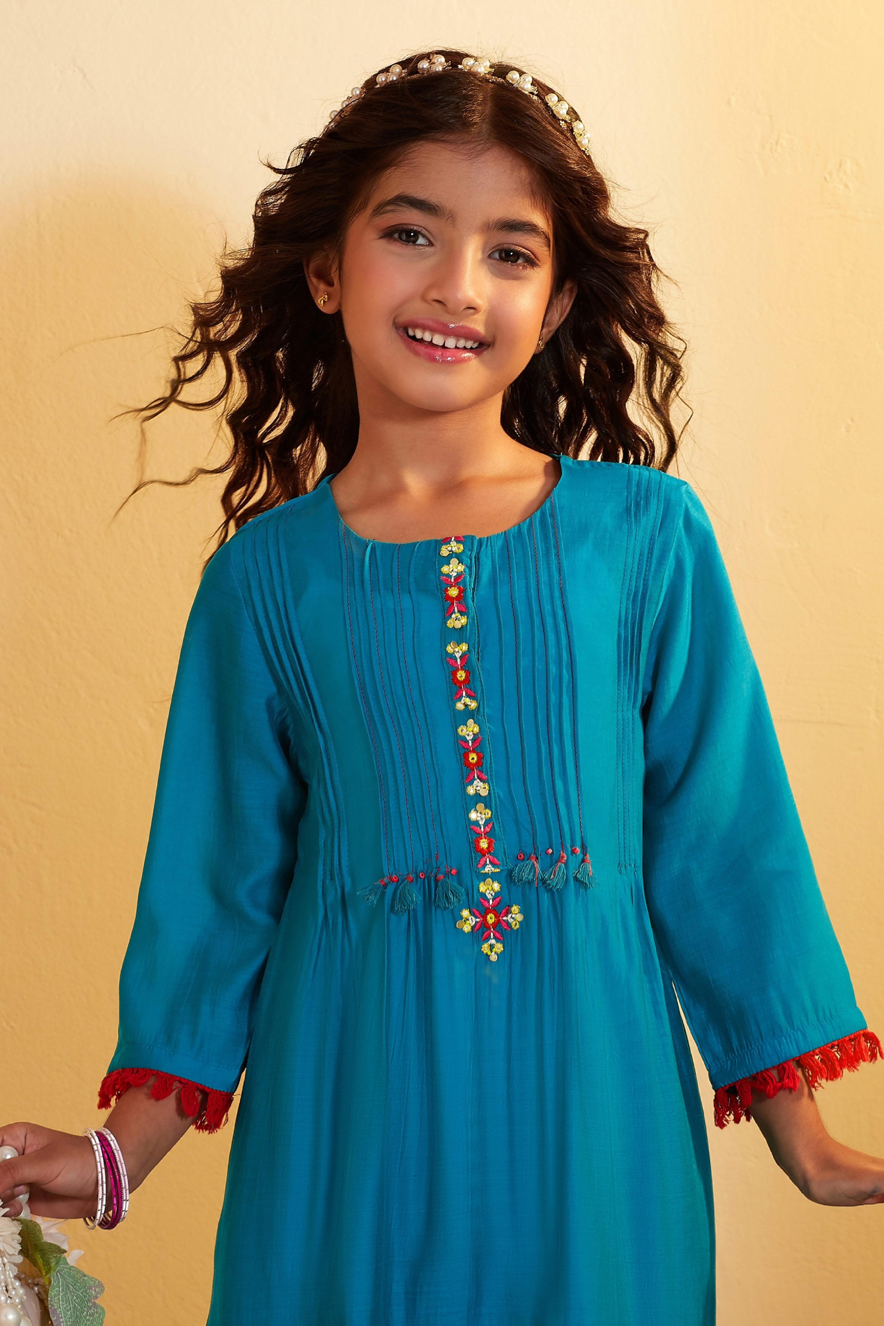 Teal Blue Pleated A-Line Kurta Set image number 1