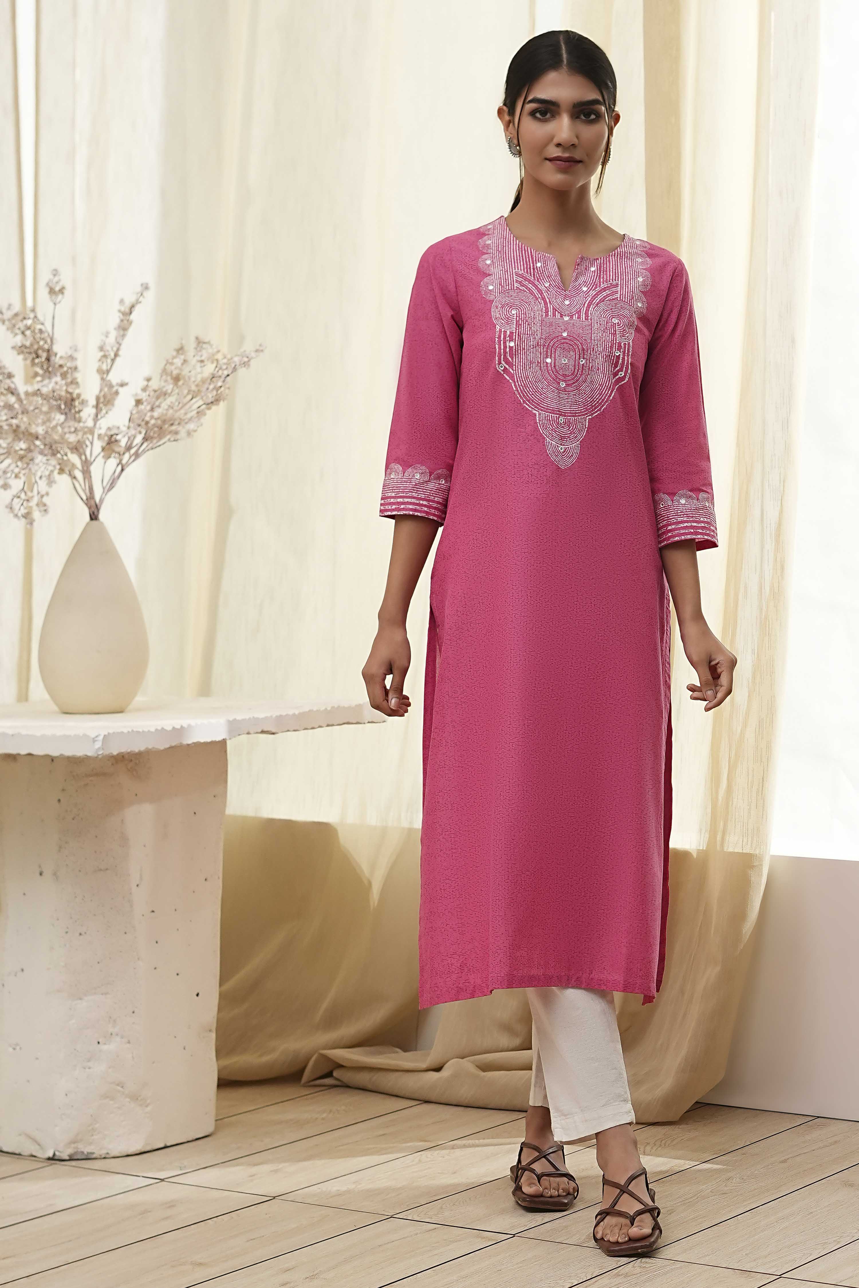 Pink Pure Cotton Printed Straight Kurta image number 5