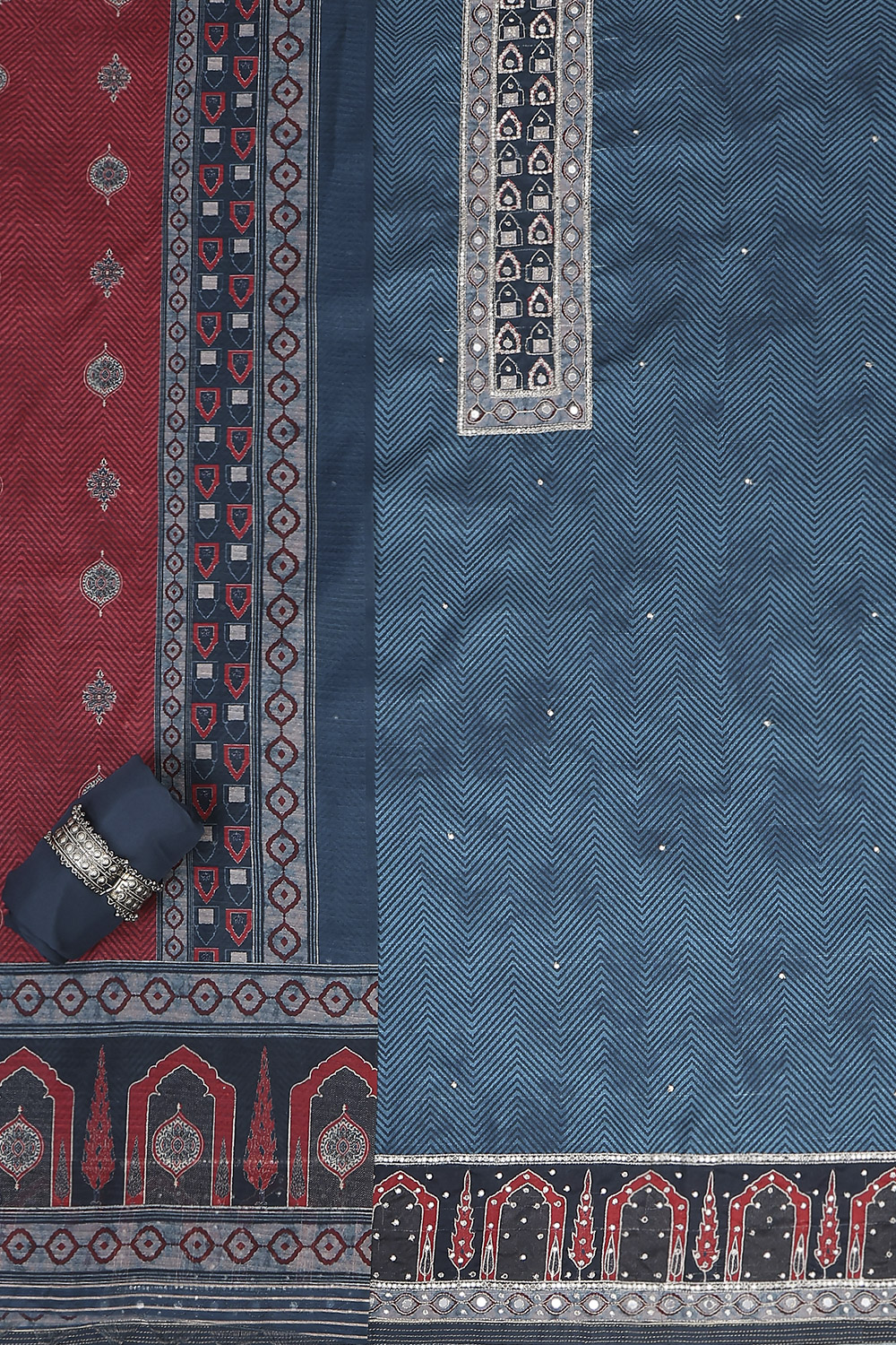 Blue Chanderi Printed Unstitched Suit Set image number 1