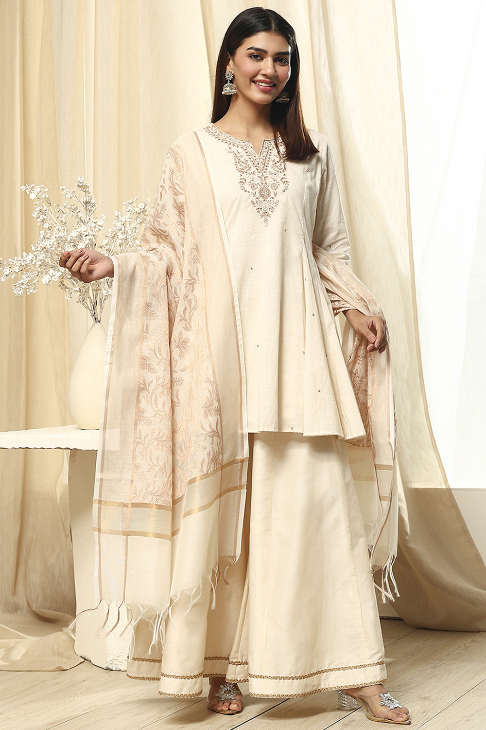Off-White Embroidered Kalidar Suit Set image number 0