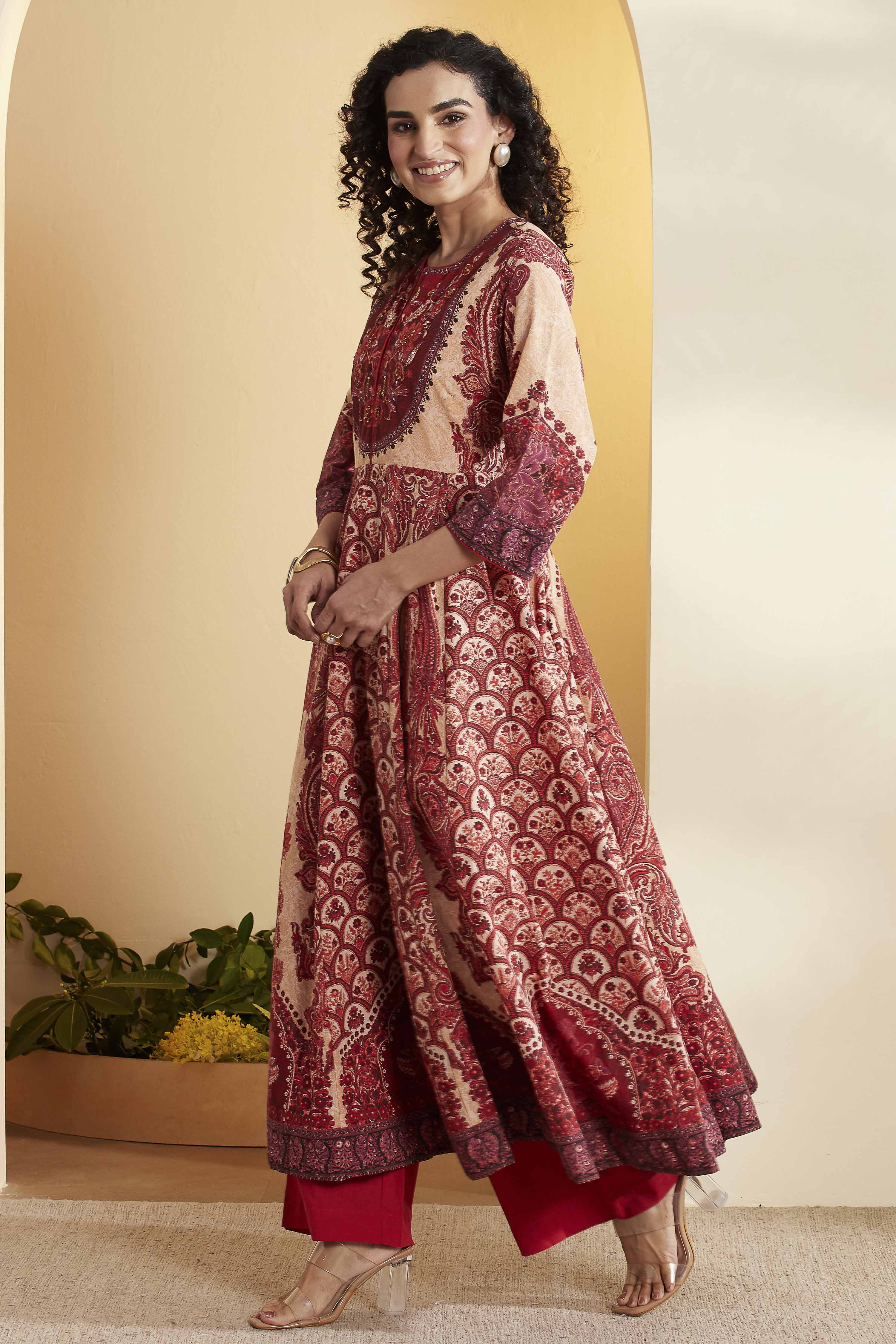 Rust Cotton Anarkali Kurta Pants Set image number 3