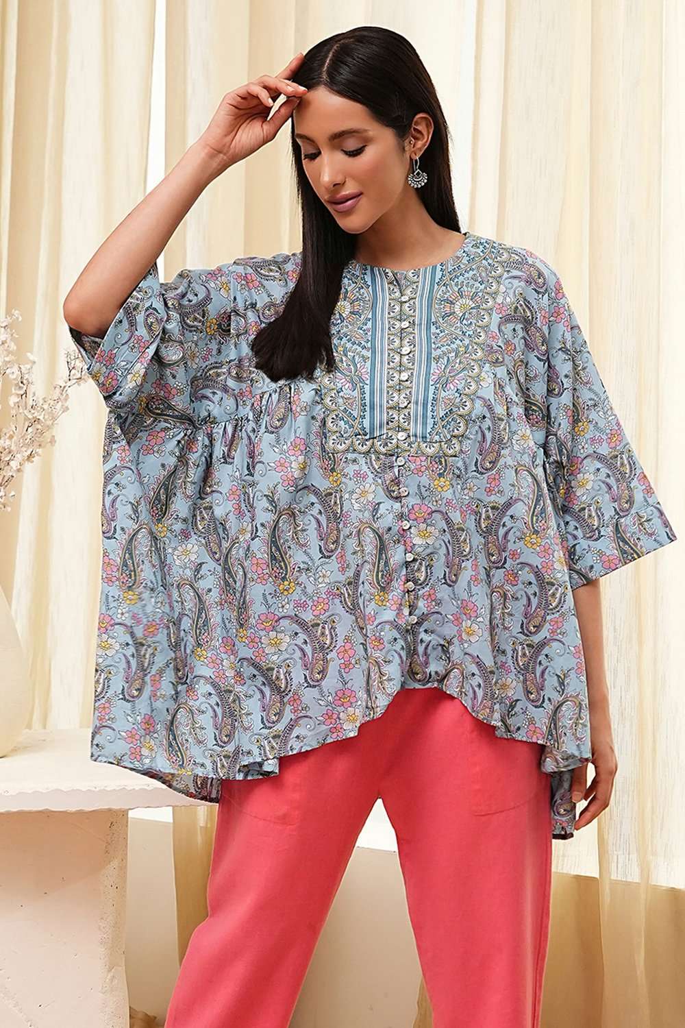 Dull Blue Cotton Flared Short Kurta image number 5
