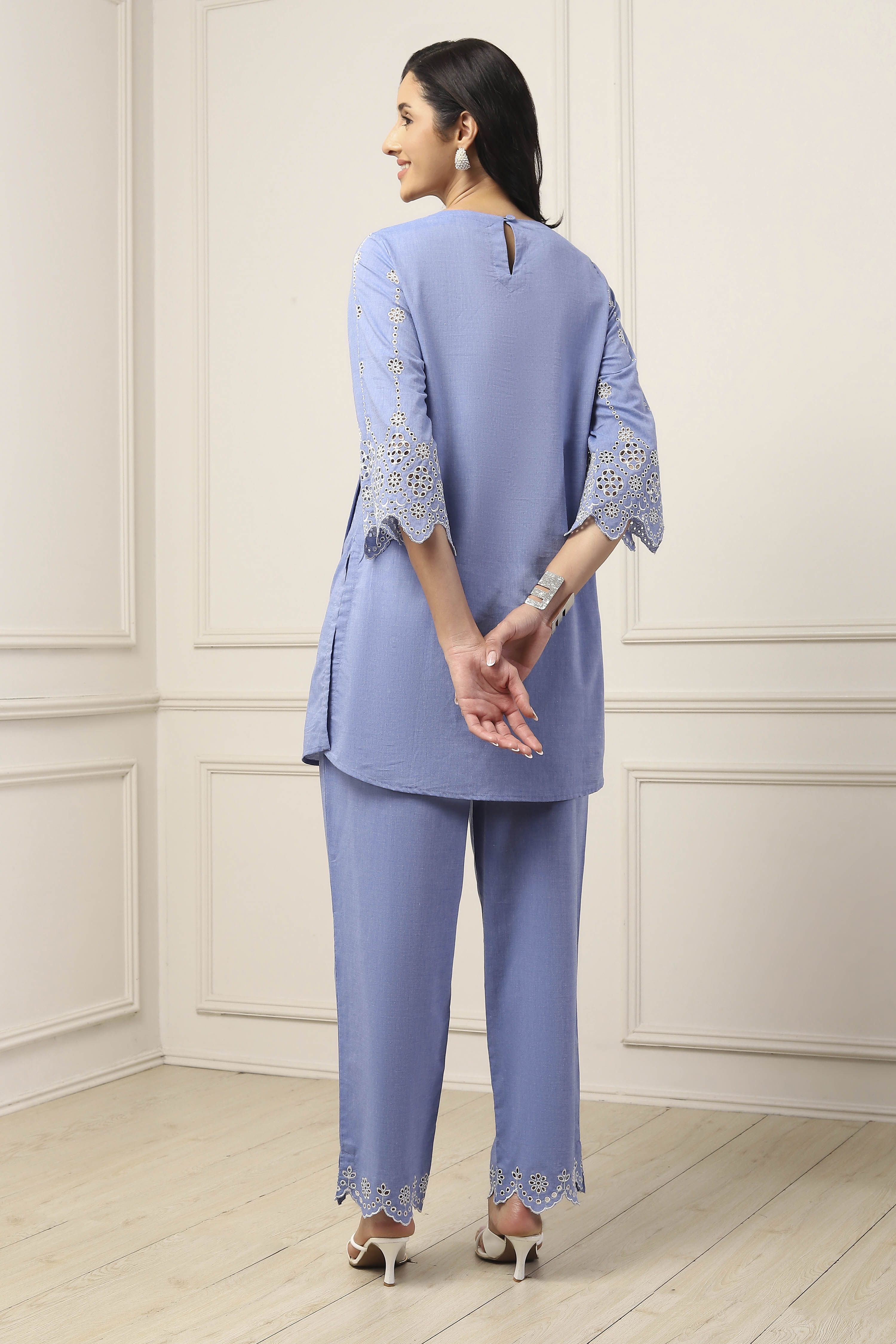 Blue Cotton Embroidered Cutwork Straight Suit Set image number 4