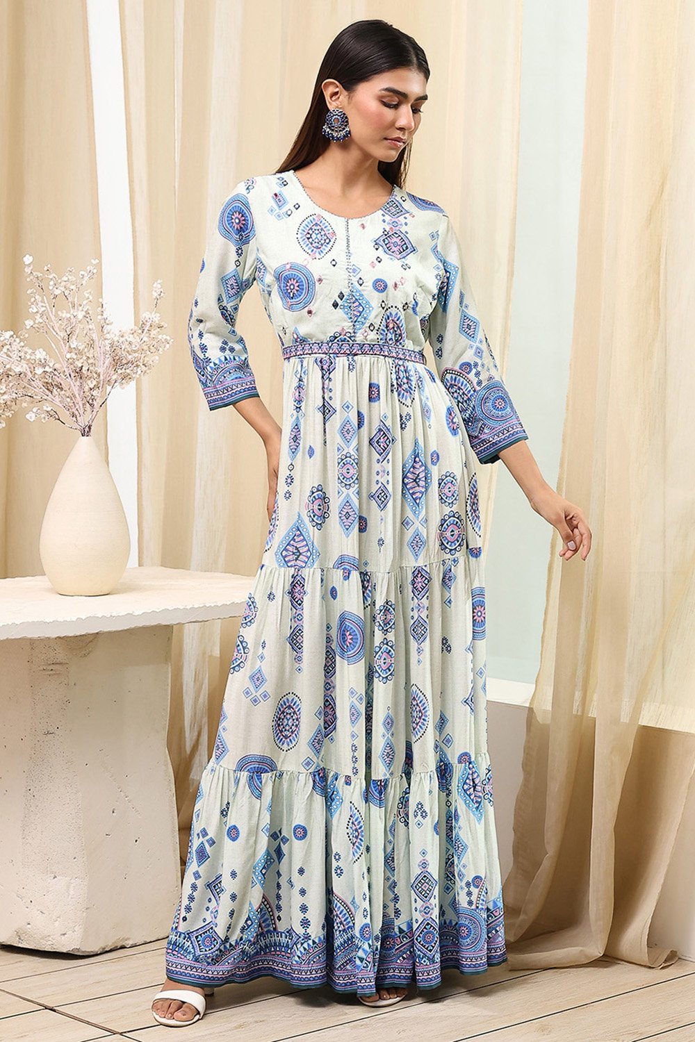 Ecru Viscose Rayon Tiered Printed Dress image number 5