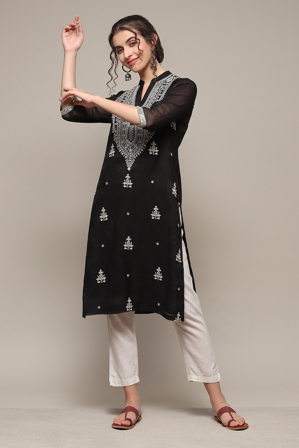 Black Polyester Straight Yarndyed Kurta image number 0