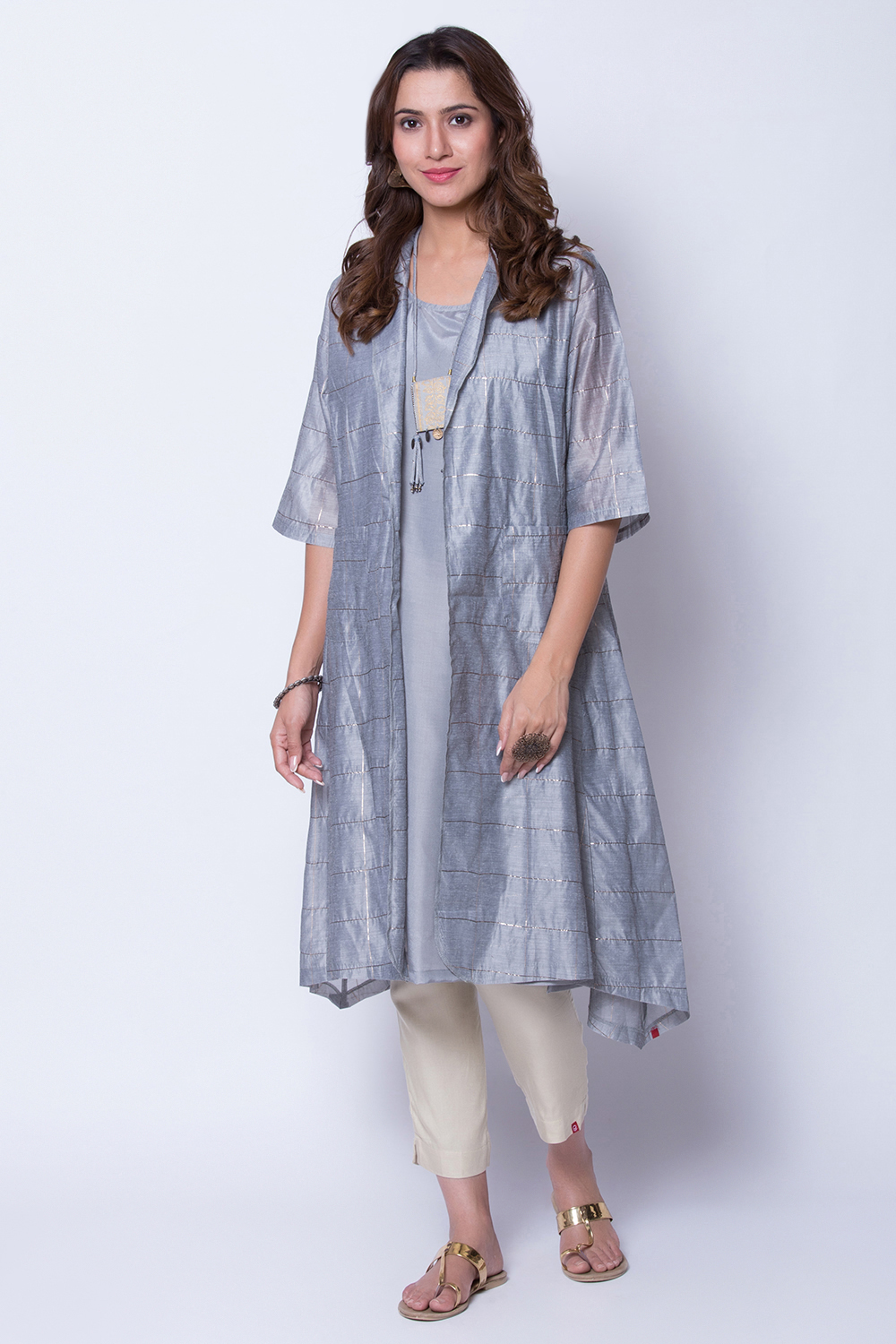 Grey Poly Metallic Cotton Front Open Yarndyed Kurta image number 0