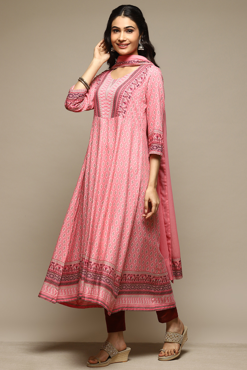 Pink Rayon Anarkali Kurta Churidar Suit Set image number 3