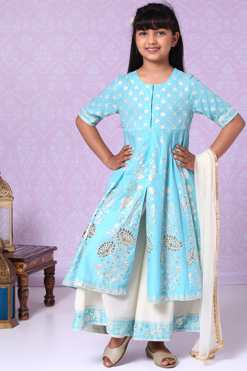 Light Blue Cotton Kalidar Kurta Flared Palazzo Suit Set image number 0