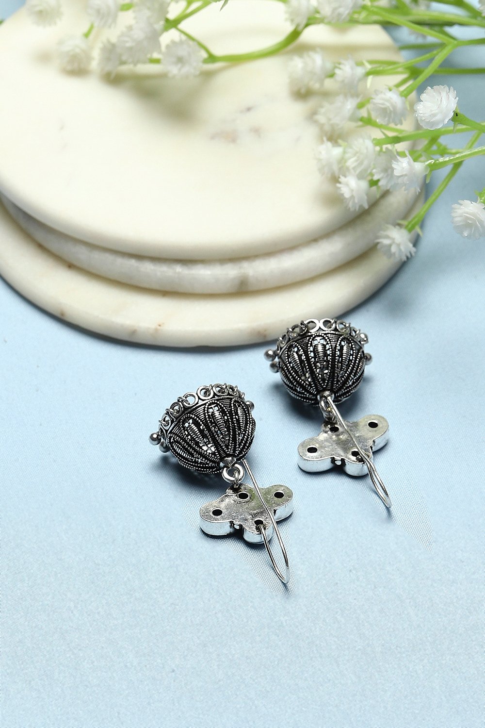 Blue Oxidised Stone Studded Jhumkas image number 2