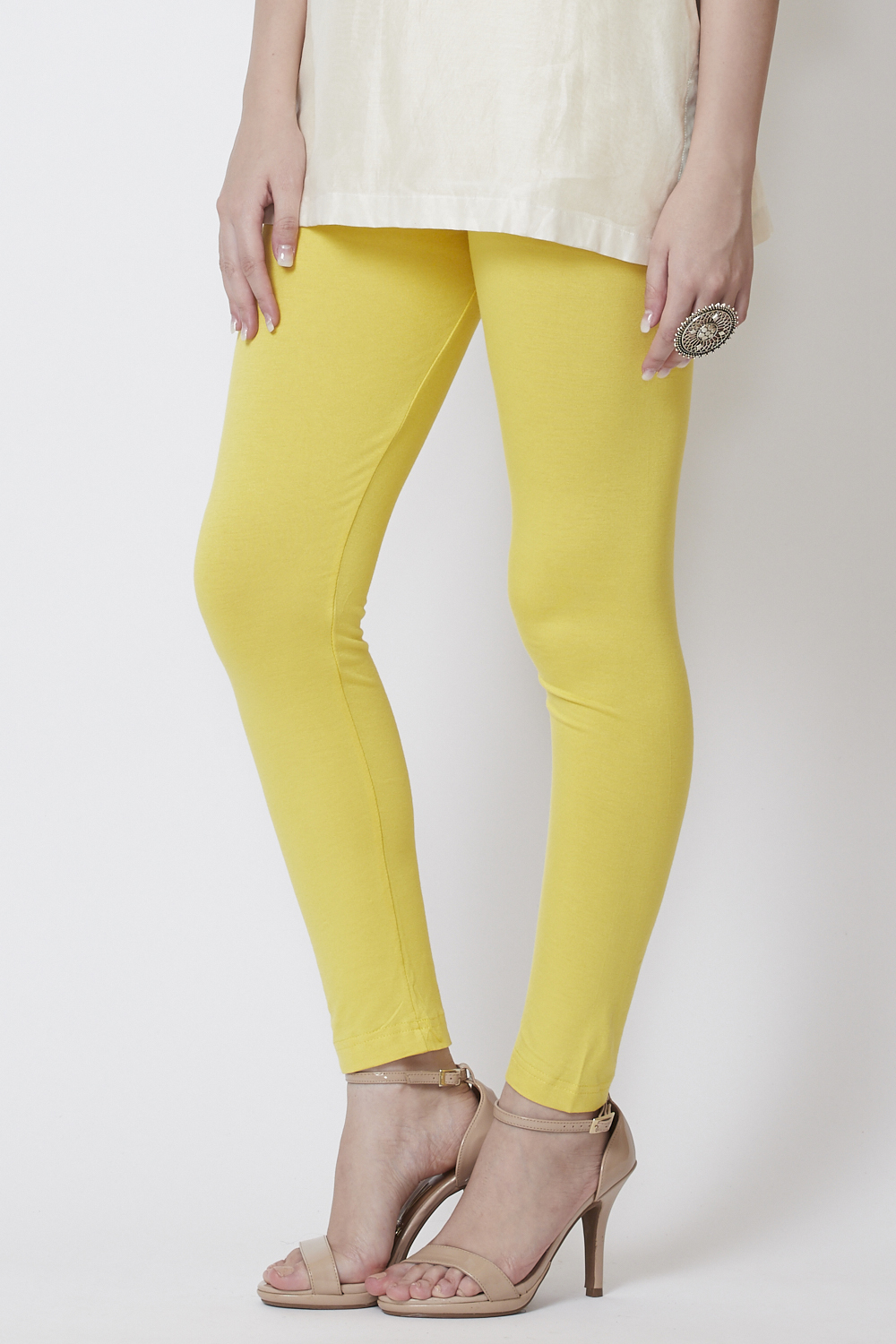 Yellow Viscose Lycra Solid Leggings image number 0