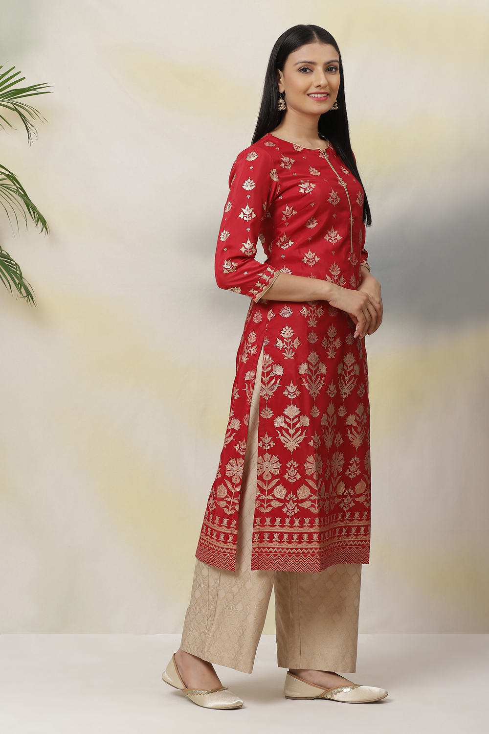Old Rose Art Silk Straight Printed Kurta image number 3