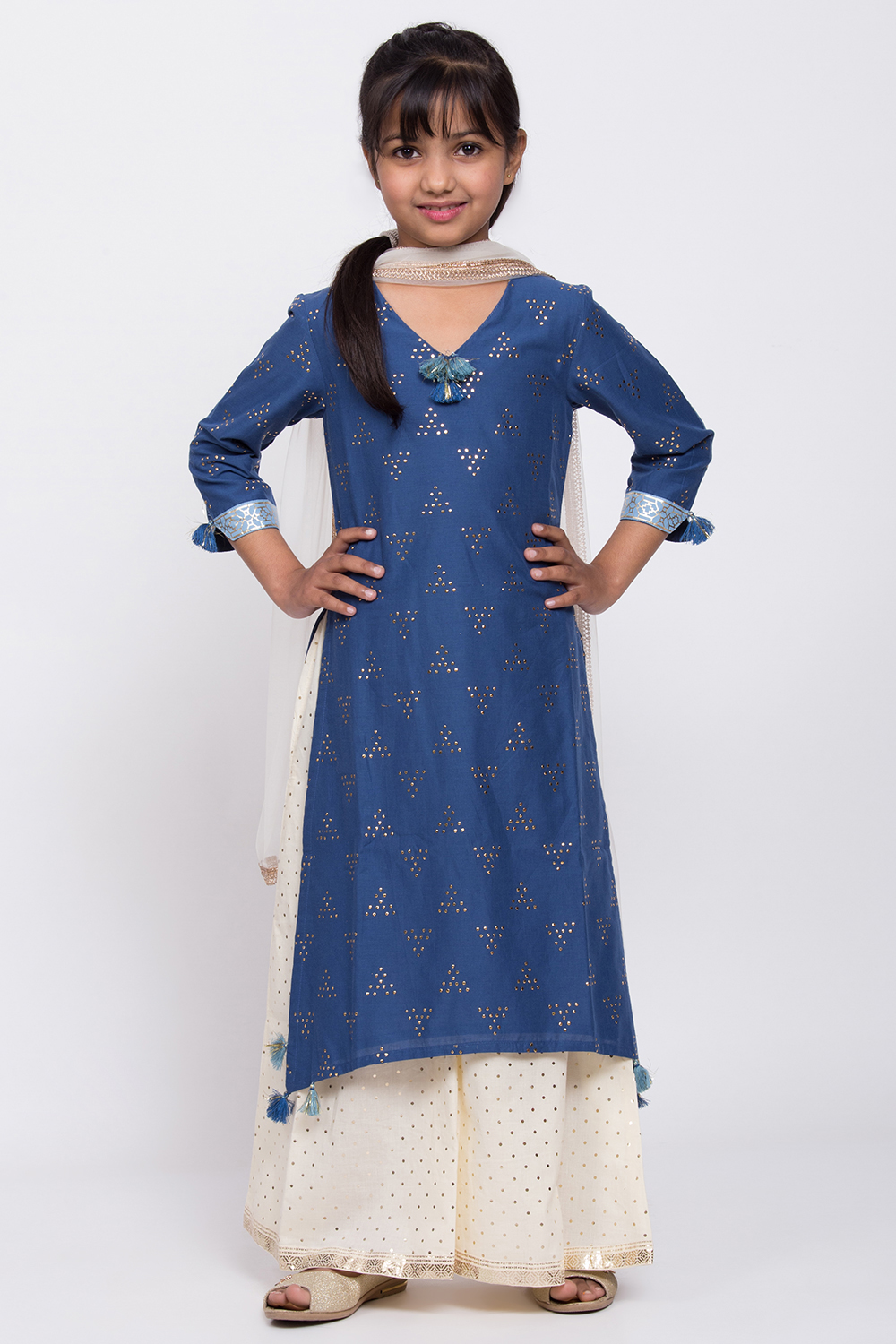 Marine Blue Cotton Sharara Kurta Flared Palazzo Suit Set image number 0