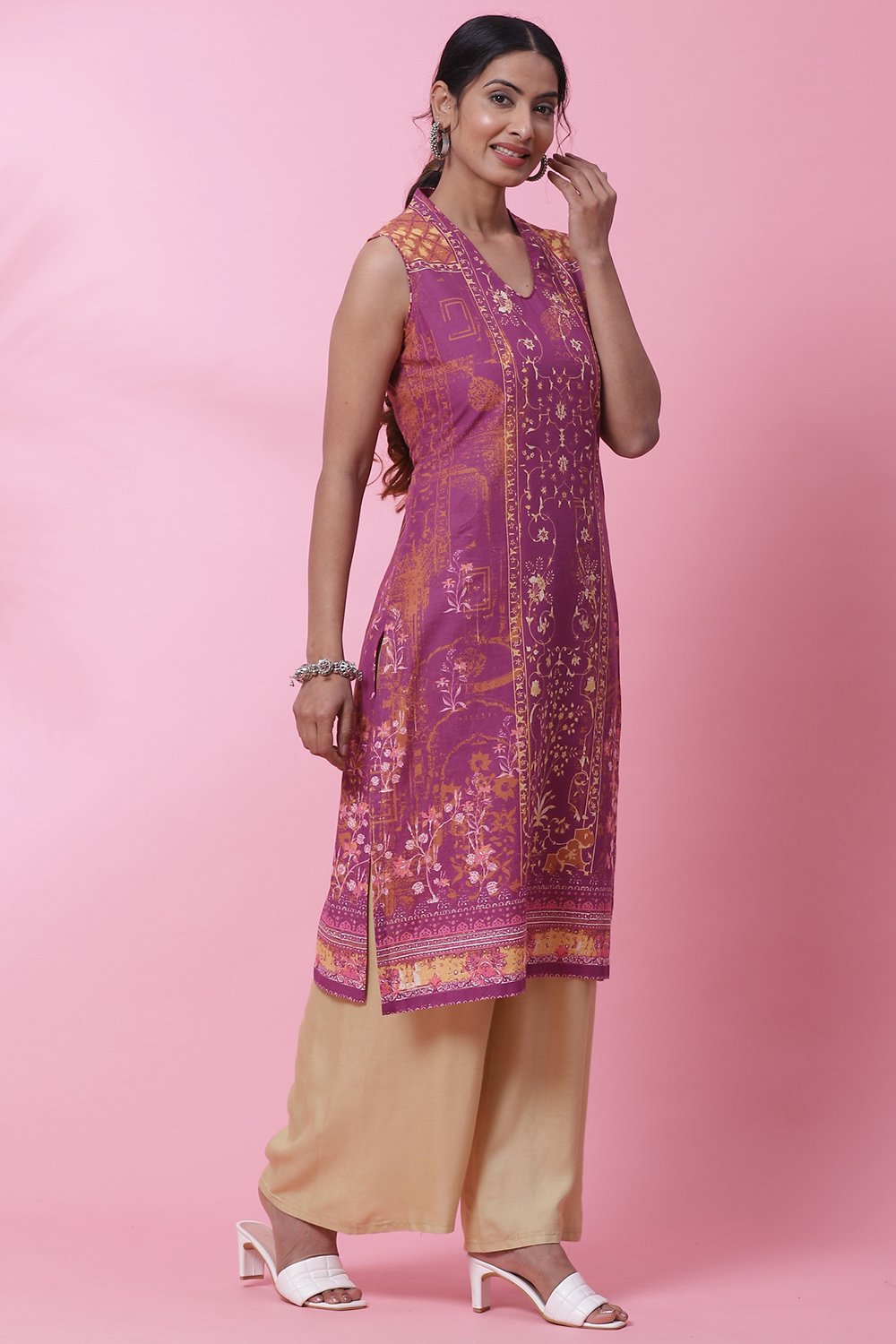 Purple Cotton A-Line Kurta image number 3