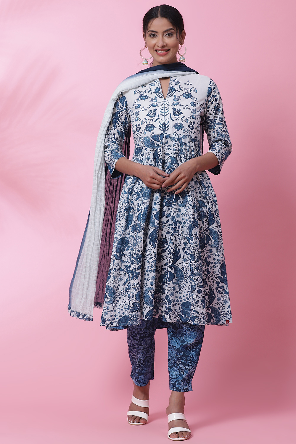 White and Blue Cotton Flared Kurta Slim Pant Suit Set image number 0